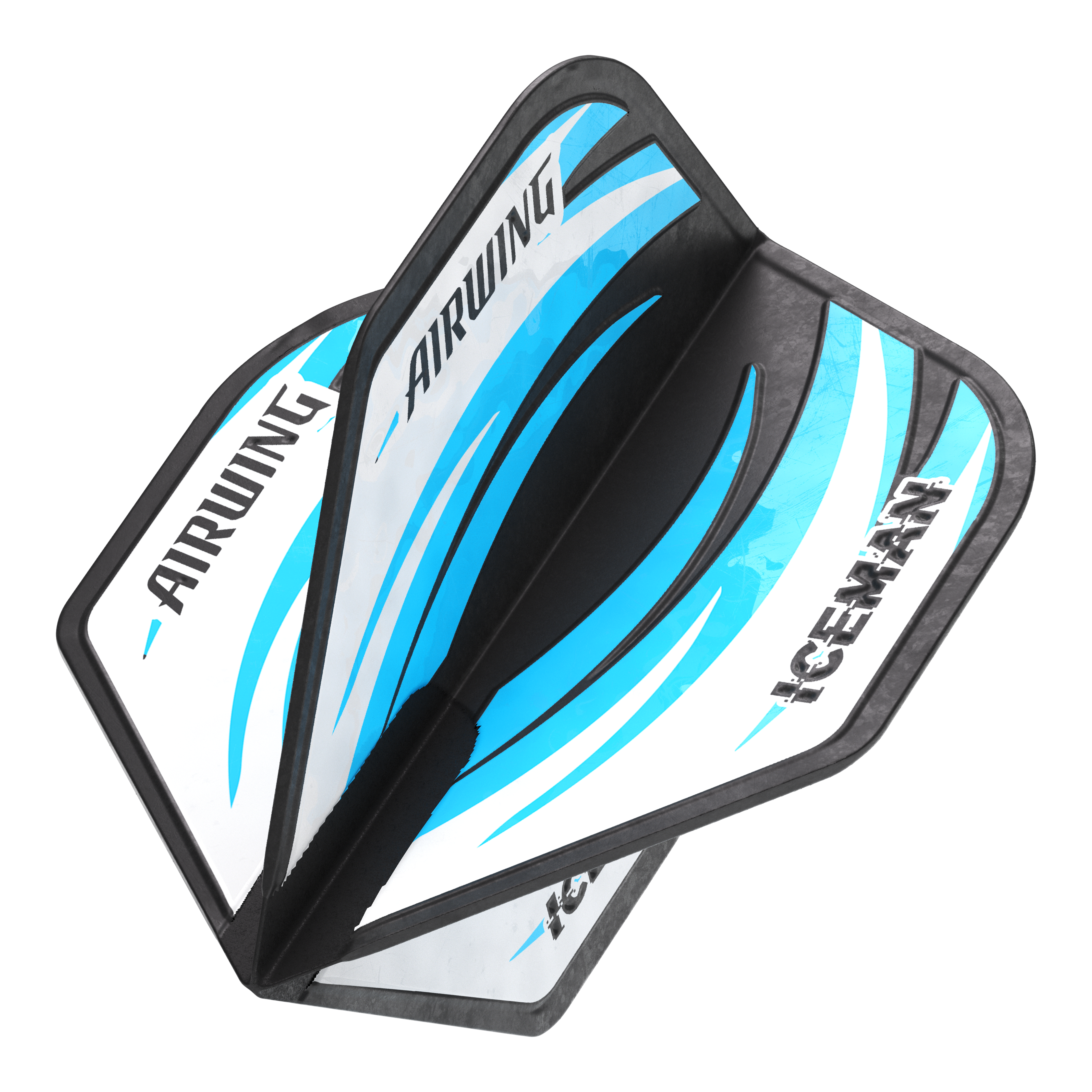 Das Bild zeigt die Red Dragon Airwing Gerwyn Price Black Blue Standard Flights. Die Flights sind weiß mit blauen und schwarzen Akzenten und haben die Aufschriften "AIRWING" und "ICEMAN".