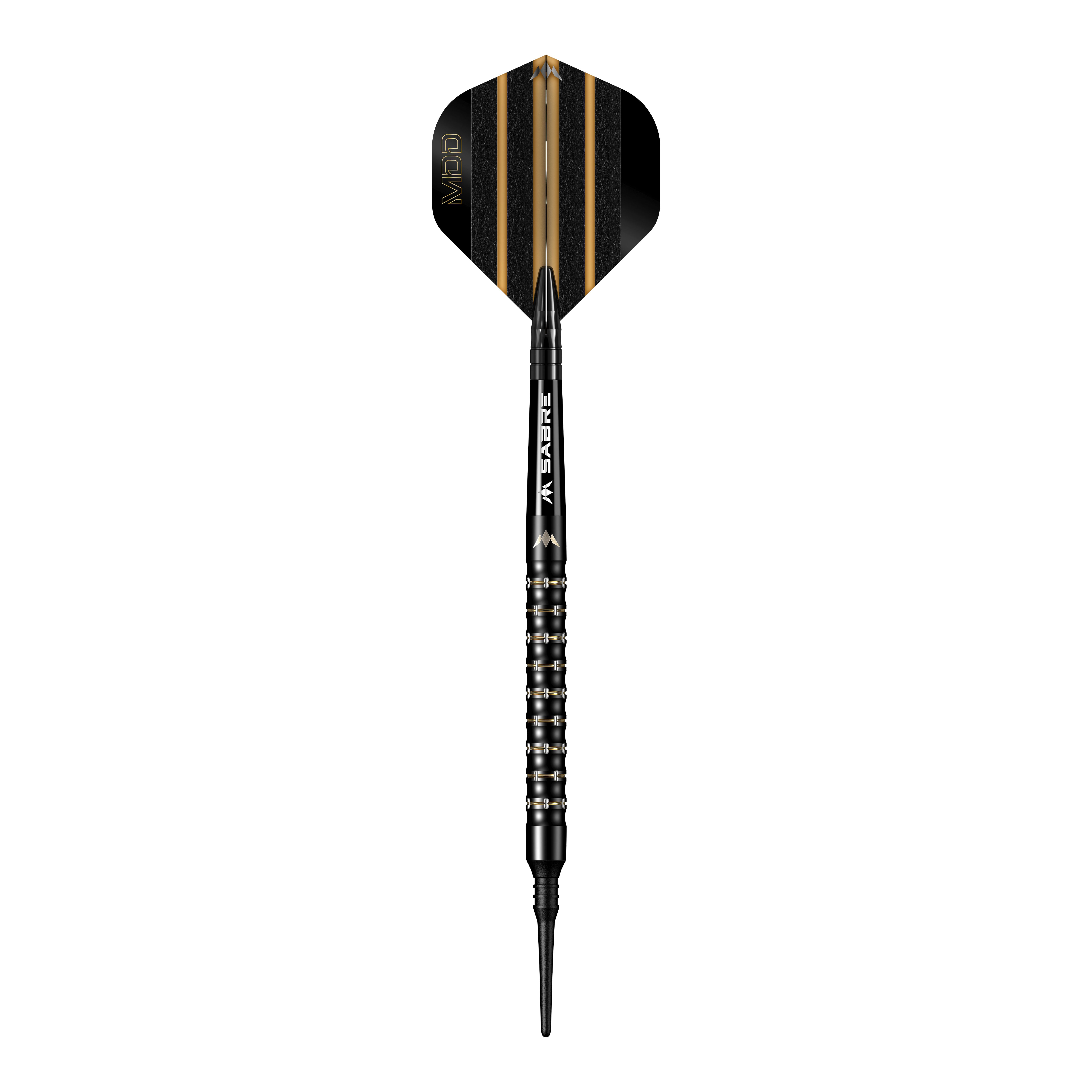 Mission Mike De Decker MDD Black Gold Softdarts - 20g Das Bild zeigt einen Softdartpfeil namens "Mission Mike De Decker MDD Black Gold Softdarts - 20g". Der Pfeil ist schwarz mit goldenen Akzenten und hat eine schmale Spitze.