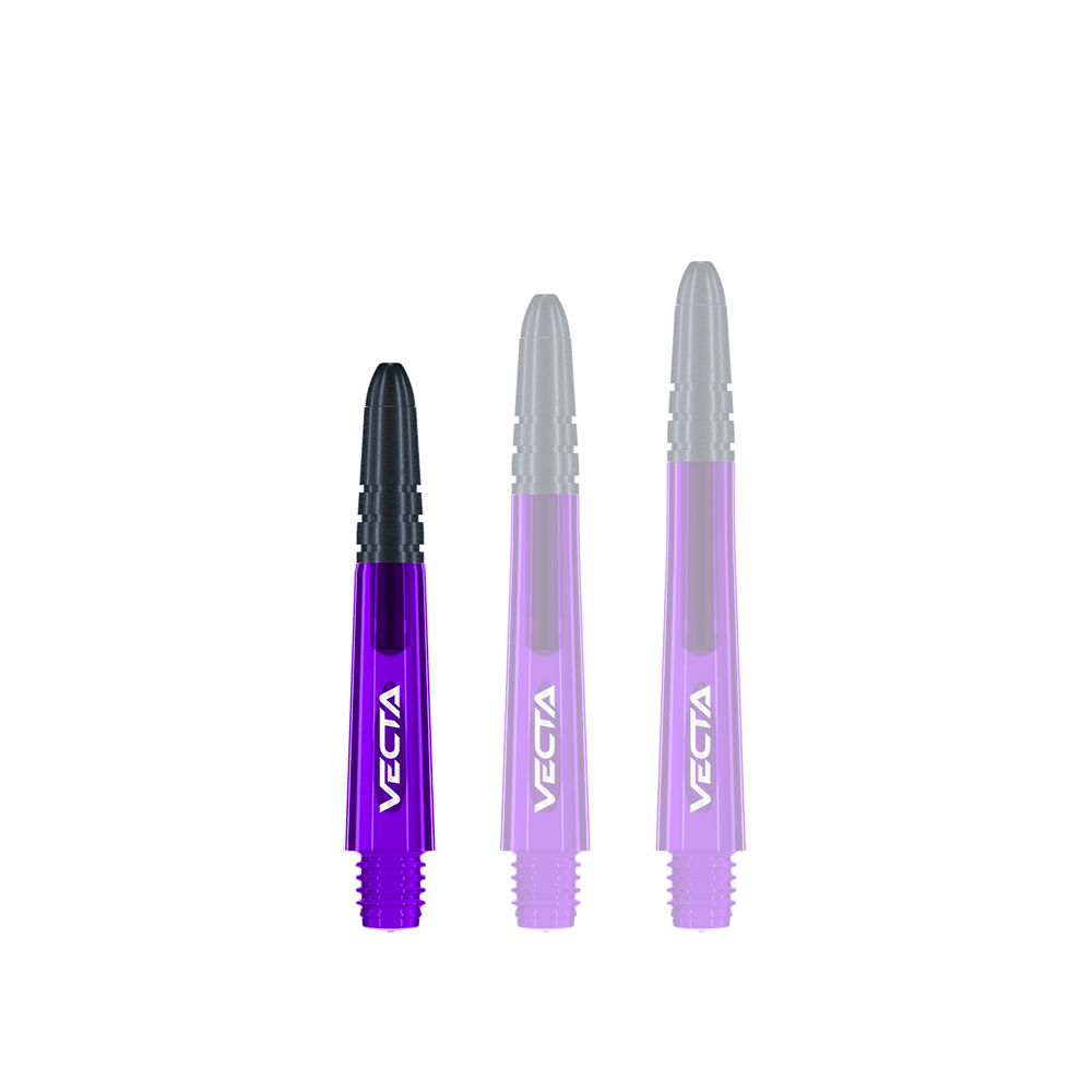 Winmau Vecta Shafts - Lila Schwarz Das Bild zeigt drei lilafarbene Dartschäfte mit schwarzen Spitzen. Auf jedem Schaft steht das Wort "VECTA" in weißer Schrift.