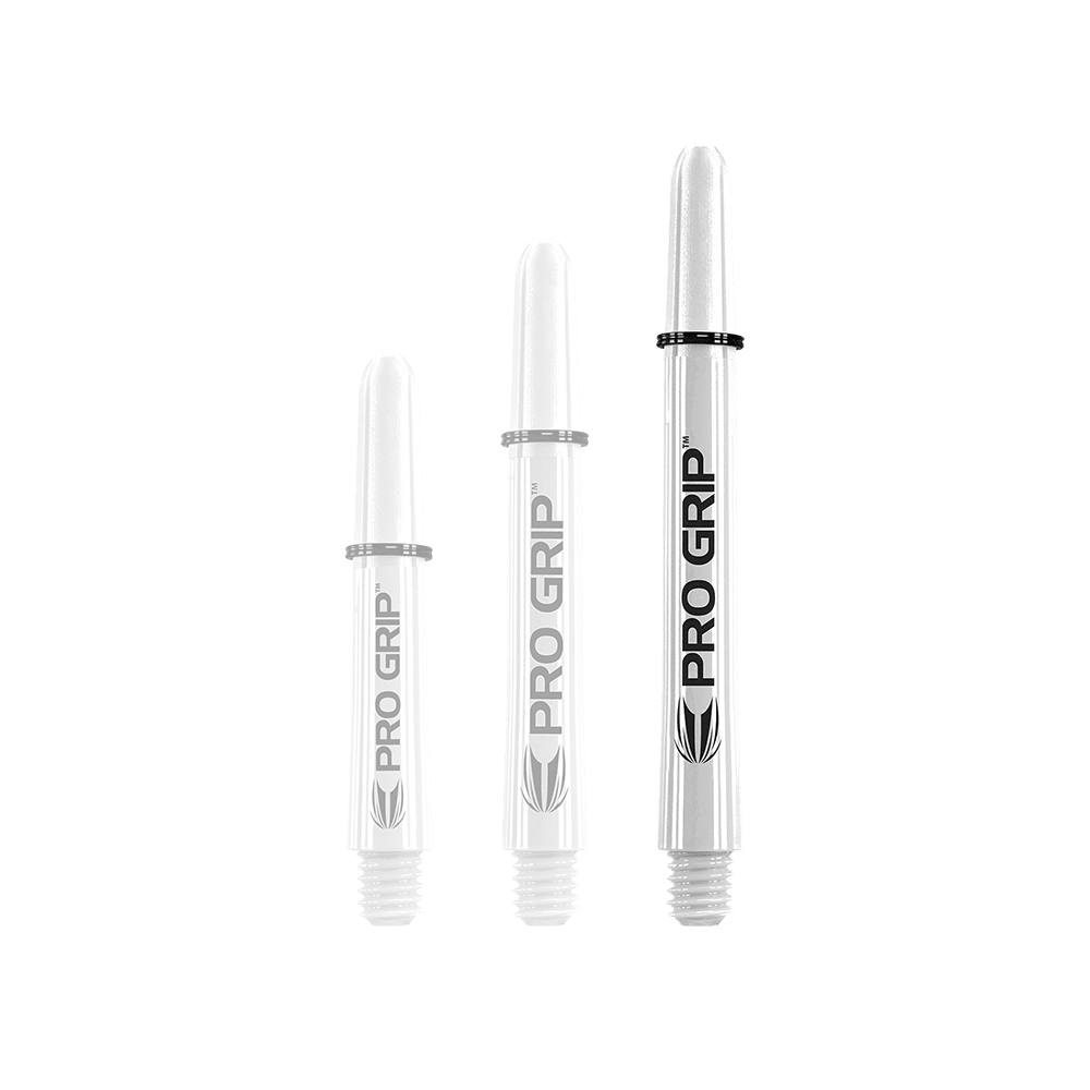 Target Pro Grip Shafts - 3 Sets - Rot Blau Weiß Das Bild zeigt drei unterschiedlich lange, weiße Dart-Schäfte mit der Aufschrift "PRO GRIP". Sie stehen nebeneinander aufrecht vor weißem Hintergrund.
