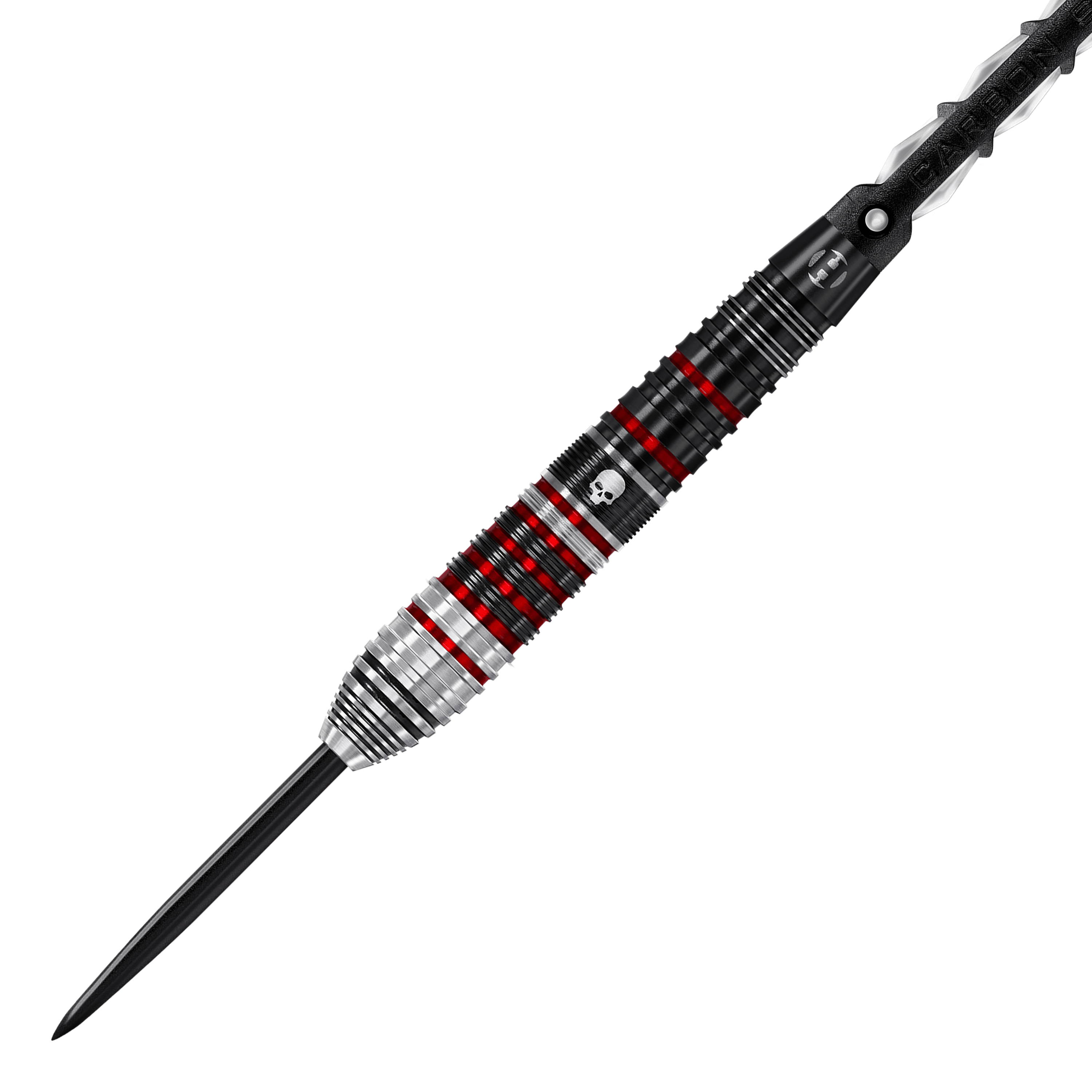 Das Bild zeigt einen Harrows Ryan Searle Heavy Metal Series 2 Steeldart. Der Dart ist schwarz, silber und rot mit einem auffälligen Schädel-Logo versehen.