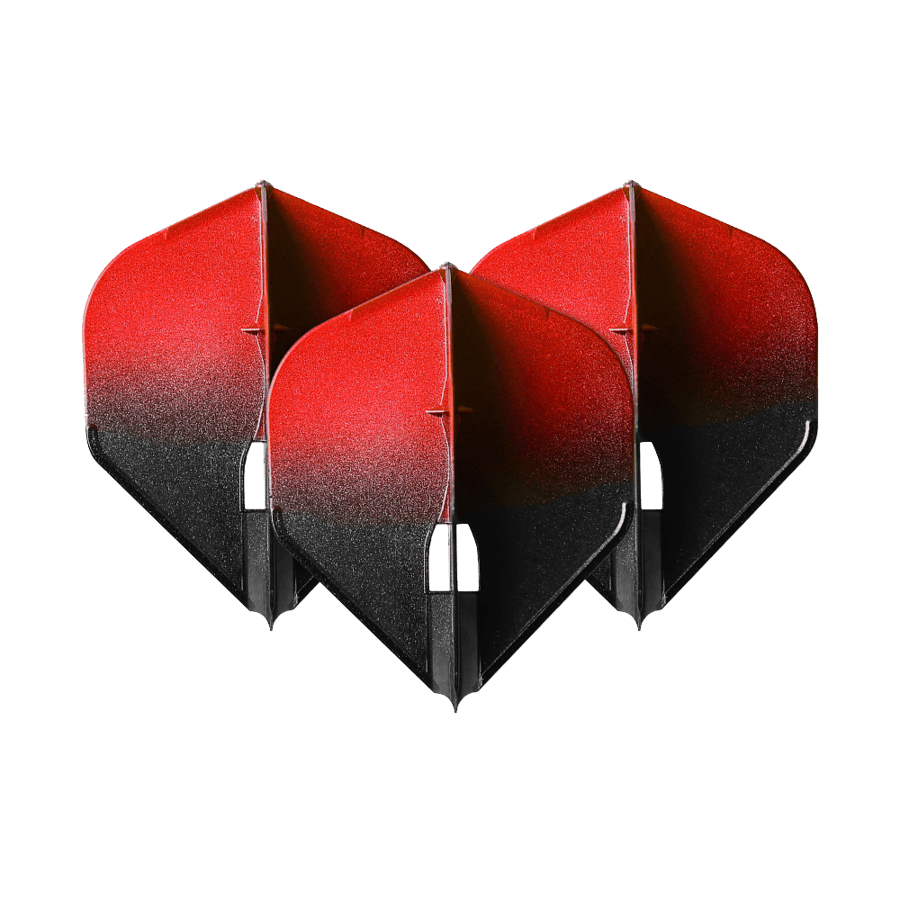 Auf dem Bild sind drei Dart-Flights in einer Zweifarben-Optik zu sehen. Sie sind oben rot und verlaufen nach unten hin in schwarzer Farbe.