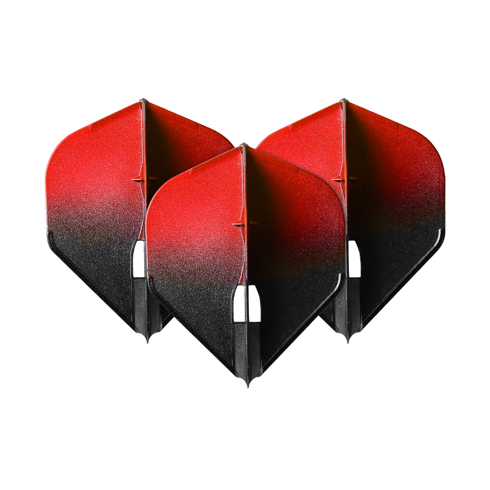 L-Style Two Tone L1PRO Flights Auf dem Bild sind drei Dart-Flights in einer Zweifarben-Optik zu sehen. Sie sind oben rot und verlaufen nach unten hin in schwarzer Farbe.