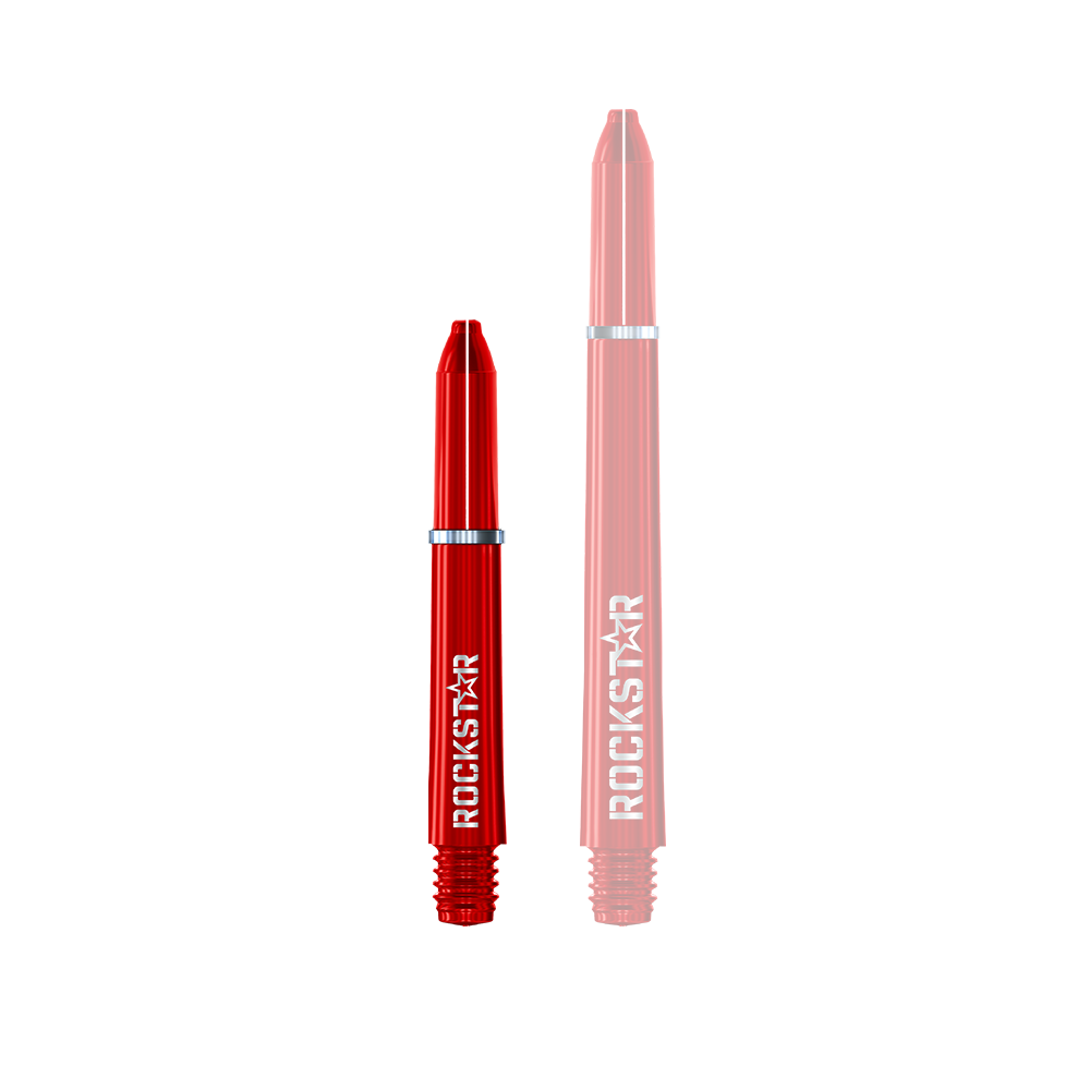 Winmau Joe Cullen Rockstar Nylon Shafts Das Bild zeigt zwei rote Dartschäfte in unterschiedlichen Längen. Auf beiden Schäften steht das Wort "ROCKSTAR" in weißer Schrift.