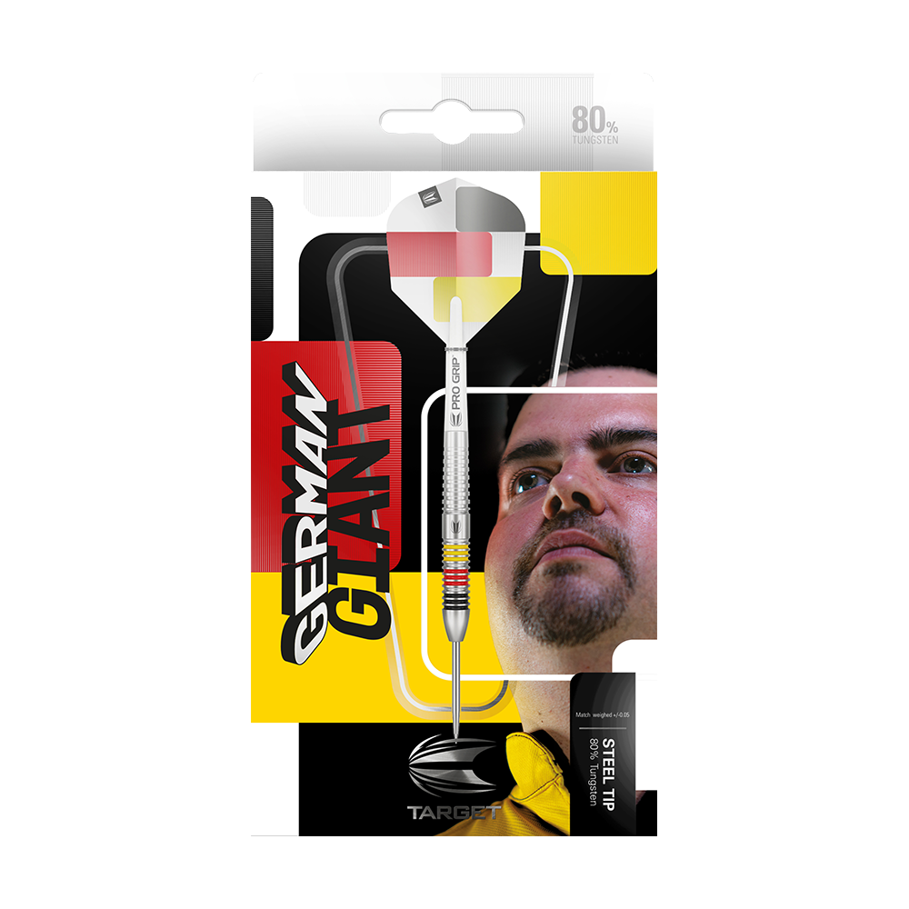 190098_Target_Gabriel_Clemens_80_Steeldarts_3 Die Abbildung zeigt die Verpackung der "Target Gabriel Clemens 80% Steeldarts". Auf der Verpackung sind ein Dartpfeil, ein Porträt eines Mannes und die Aufschrift "GERMAN GIANT" zu sehen.