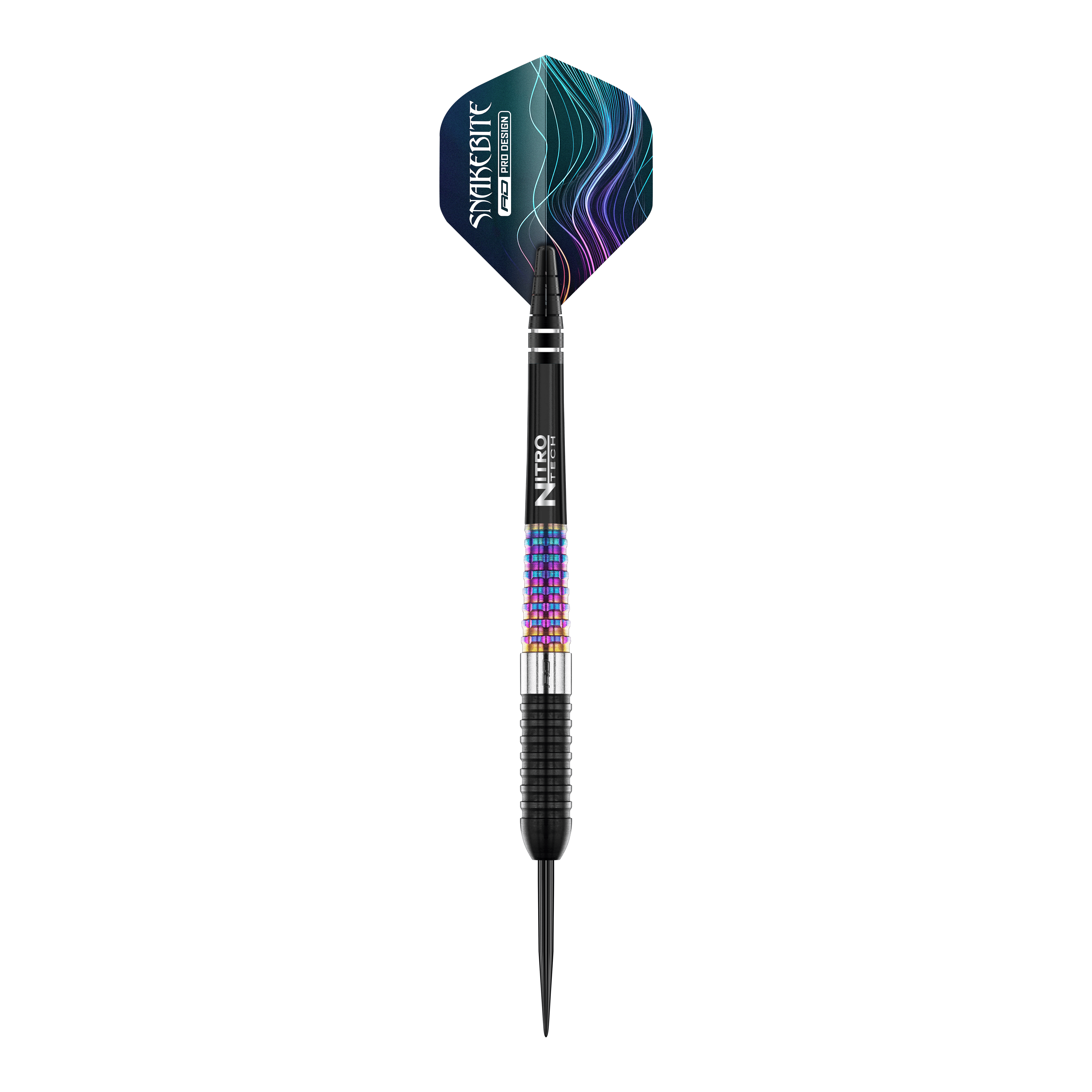 Auf dem Bild ist ein Red Dragon Peter Wright Corra Steeldart zu sehen. Der Dart hat bunte, strukturierte Griffbereiche und ein auffälliges Flight-Design mit blauen und violetten Linien.