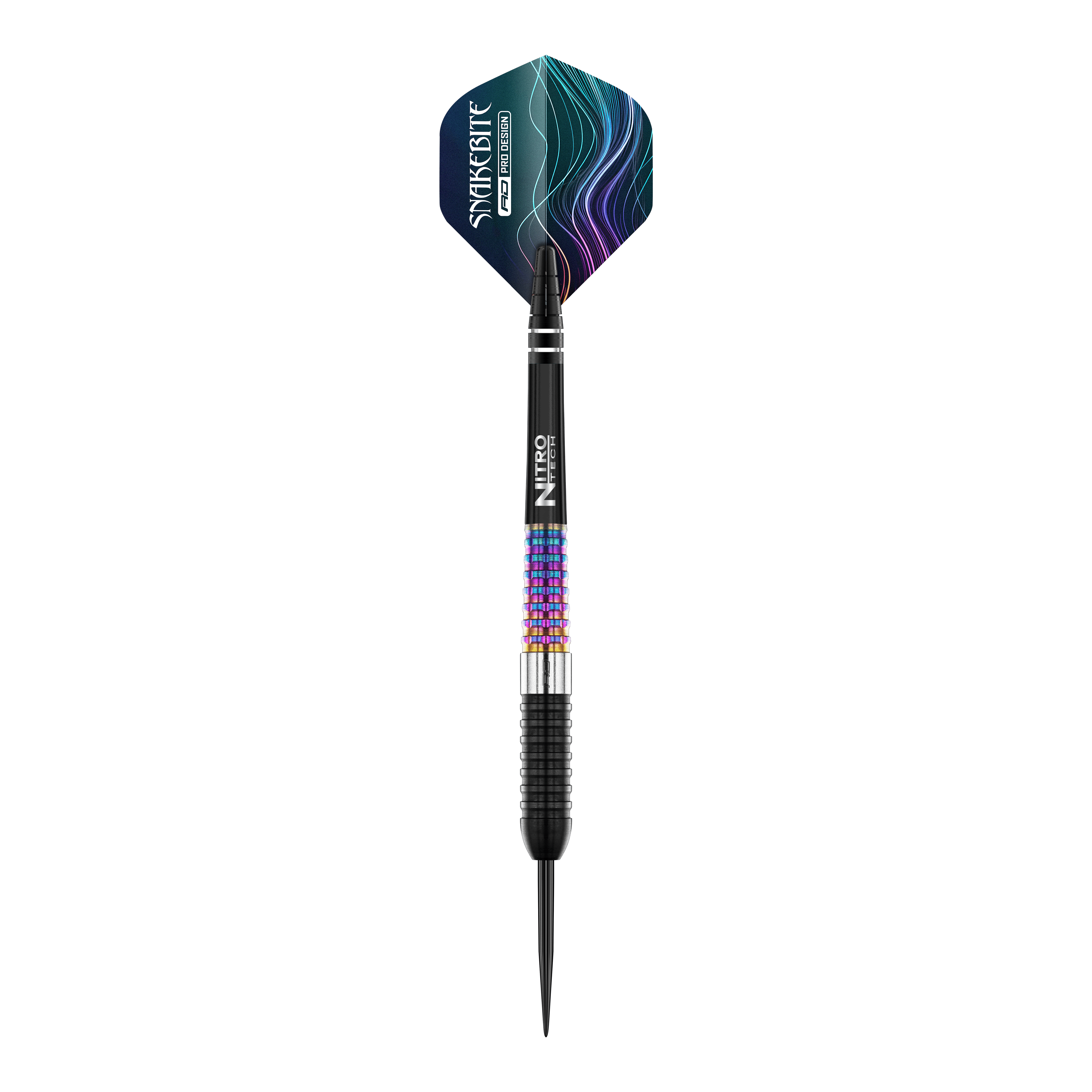 Red Dragon Peter Wright Corra Steeldarts Auf dem Bild ist ein Red Dragon Peter Wright Corra Steeldart zu sehen. Der Dart hat bunte, strukturierte Griffbereiche und ein auffälliges Flight-Design mit blauen und violetten Linien.