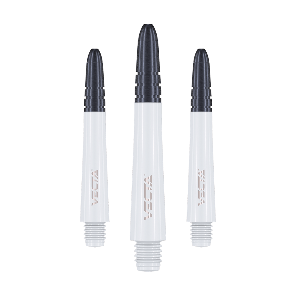 7025-402_Winmau_Vecta_Shafts_Weiss_37mm_1W0EsjkWERQ1Fn Das Bild zeigt drei weiße Dartschäfte mit schwarzen Spitzen. Sie sind senkrecht angeordnet und haben die Aufschrift "VECTA".