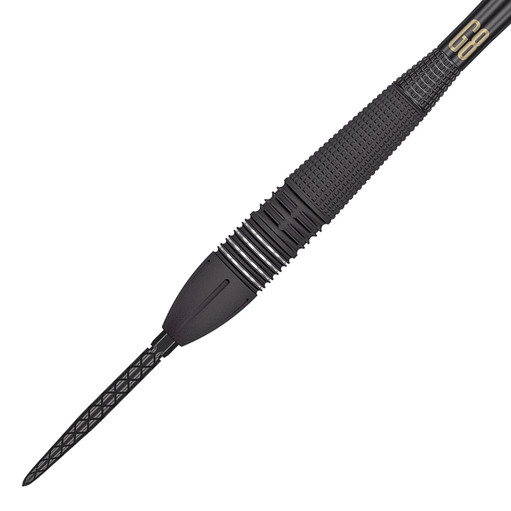 190105_Target_Phil_Taylor_Power_9Five_GEN8_Swiss_Point_Steeldarts_2 Das Bild zeigt einen Target Phil Taylor Power 9Five GEN8 Swiss Point Steeldart. Der Dart ist überwiegend schwarz mit feinen Silberdetails und einer strukturierten Griffzone.