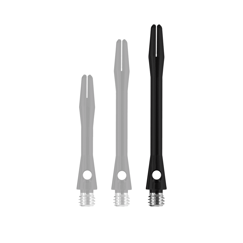 HR368_Harrows_Keramic_Shafts_Schwarz_47mm_1 Das Bild zeigt drei matt schwarze Harrows Keramic Shafts in unterschiedlichen Längen. Die Schäfte haben am unteren Ende silberne Gewinde.