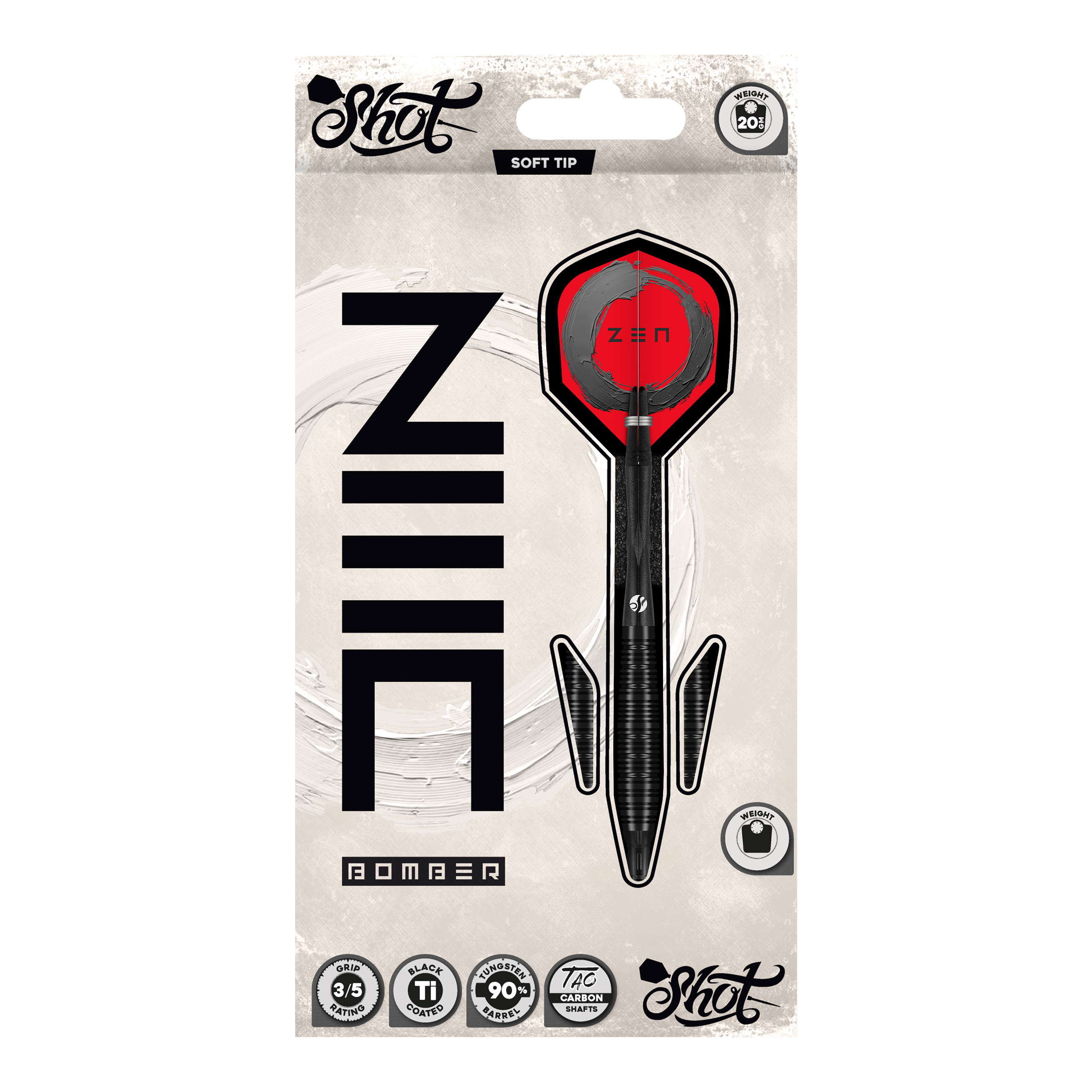 Shot ZEN Bomber Softdarts - 20g Hier sieht man die Shot ZEN Bomber Softdarts - 20g. Die Softdarts sind für präzises Werfen und einen sicheren Halt konzipiert.