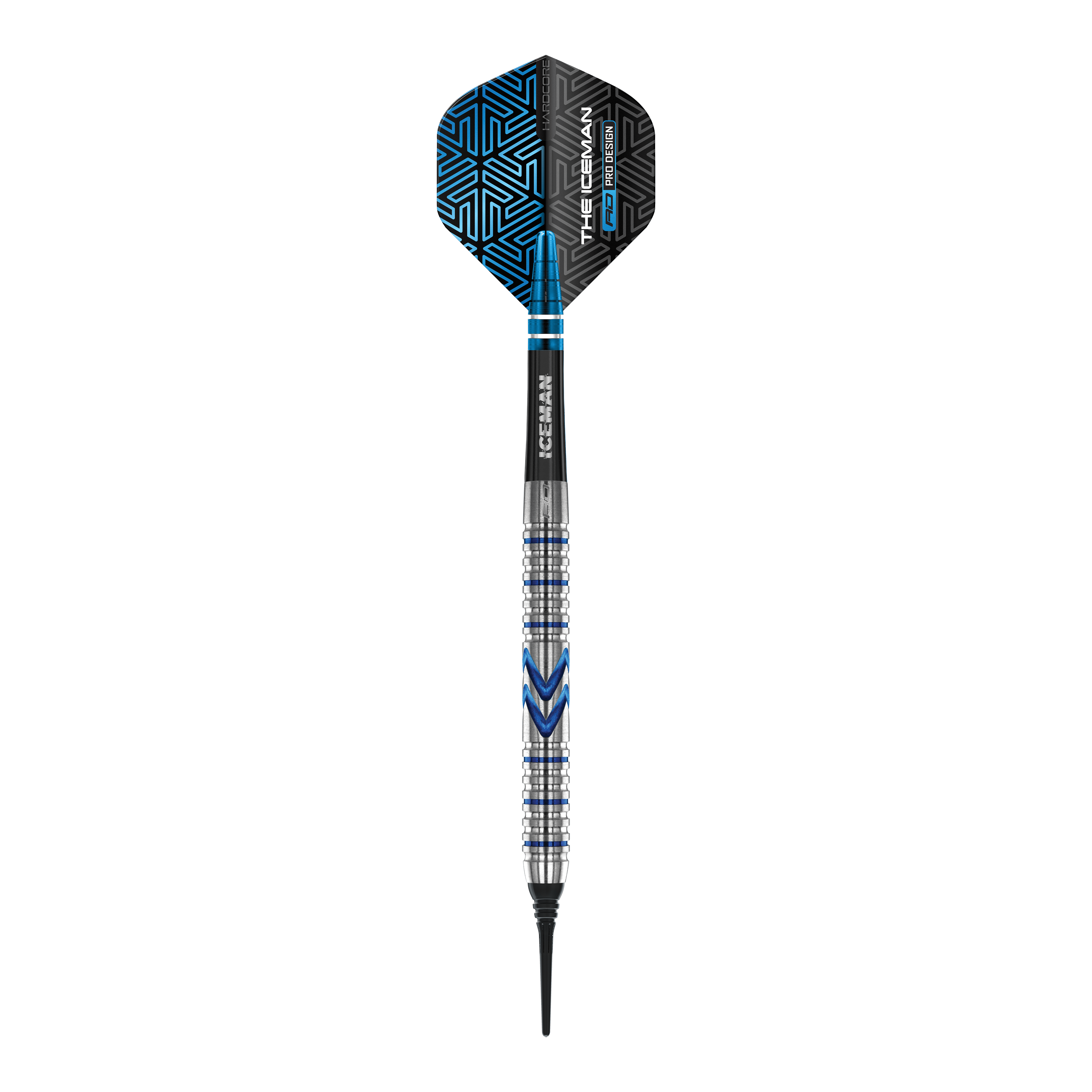 Der abgebildete Softdart ist der "Red Dragon Gerwyn Price Iceman Midnight Edition" mit einem Gewicht von 20g. Er hat ein modernes Design mit silbernen und blauen Akzenten sowie einer schwarzen Flights mit blauen Mustern.