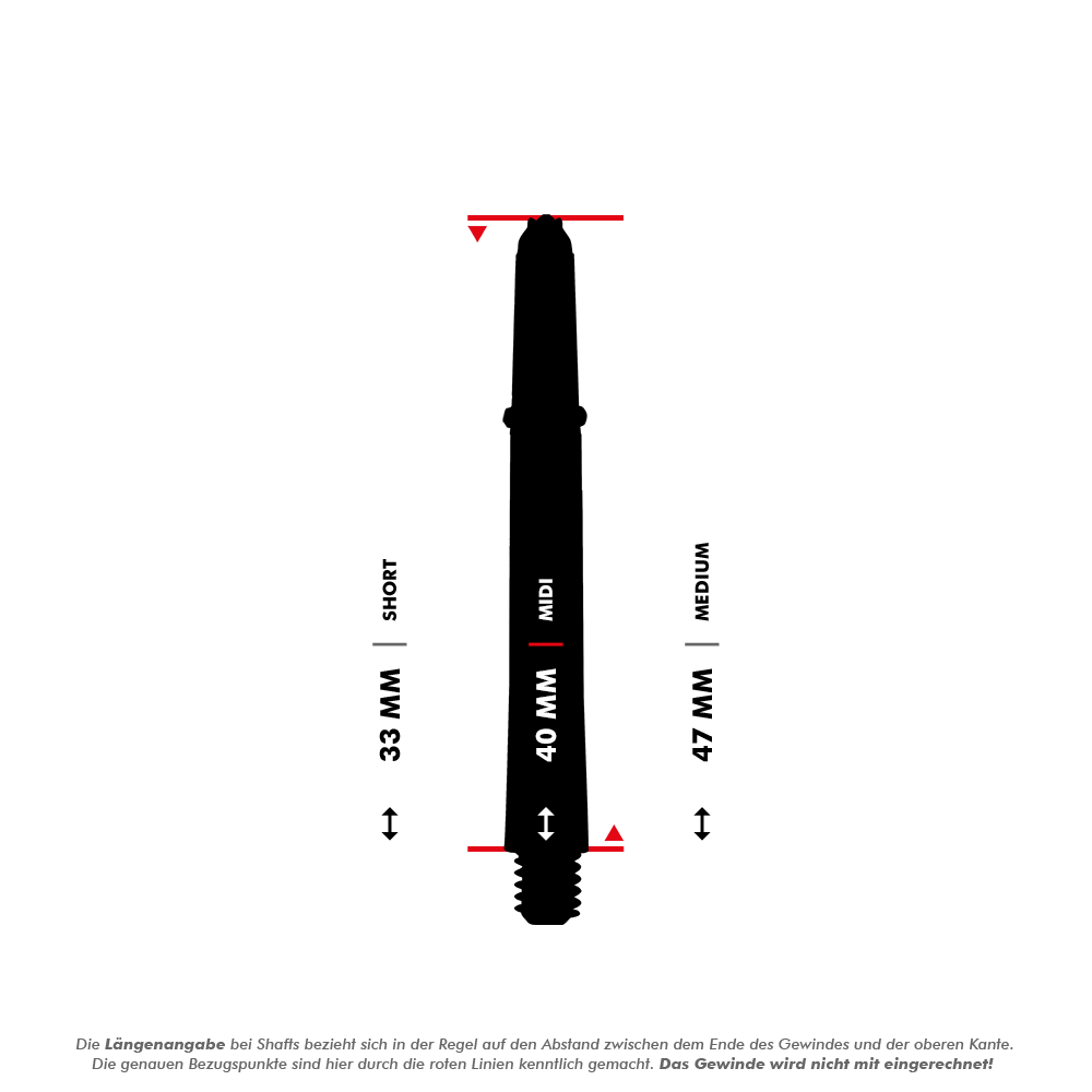 Das Bild zeigt die Harrows Supergrip Fusion Shafts in Rot und stellt deren Längenmaße dar. Die Längen sind in Short (33 mm), Midi (40 mm) und Medium (47 mm) unterteilt.