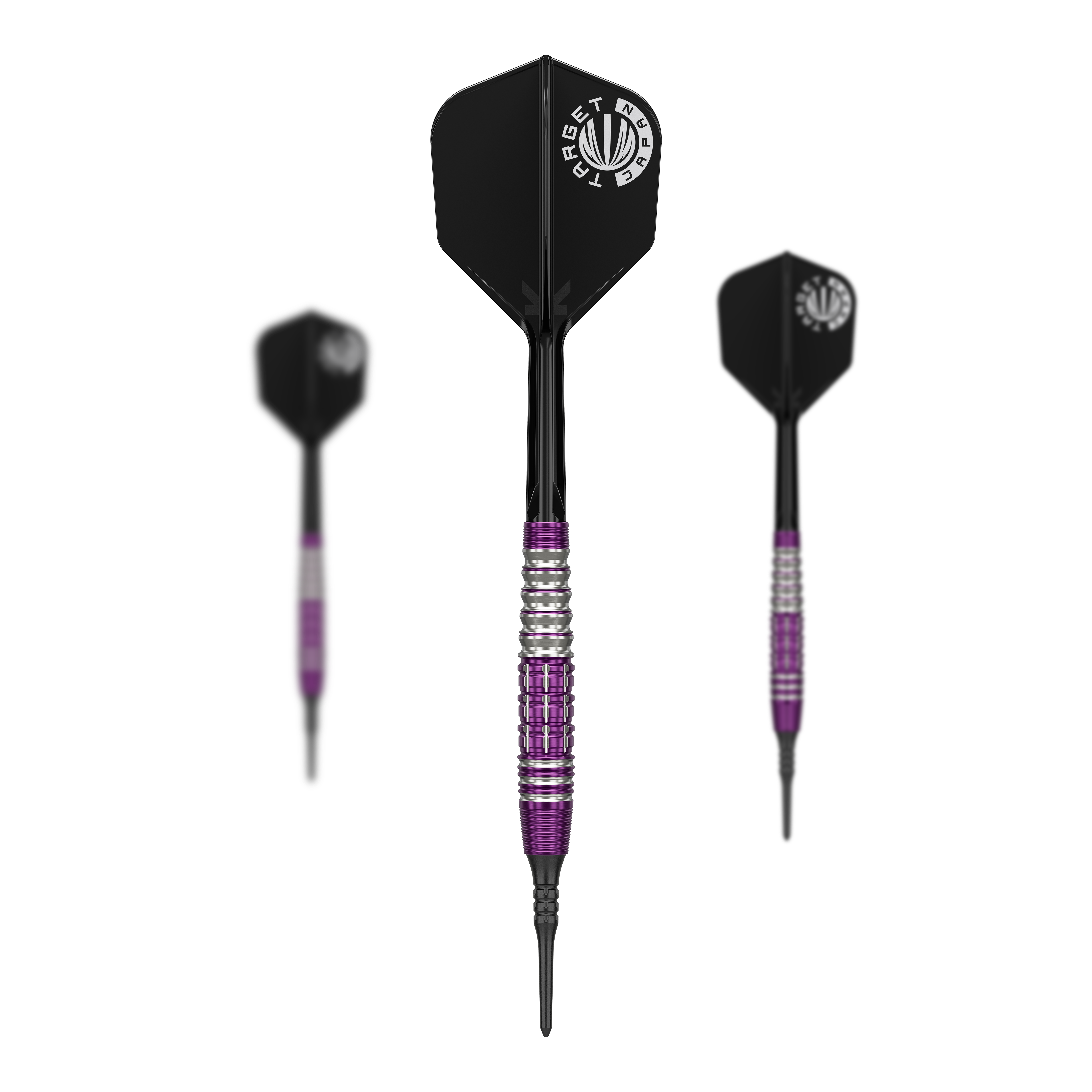 Das Bild zeigt drei Softdarts der Serie „Target Japan Prime Series Tung Suk Zenith GEN1“ mit einem Gewicht von 19g. Die Darts haben schwarze Flights und ein silber-lila gestreiftes Barrel.