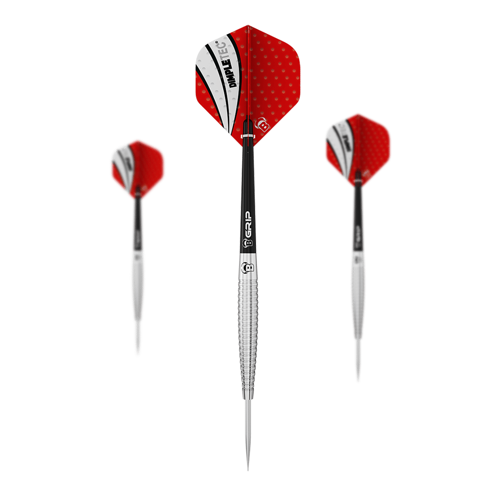 Das Bild zeigt drei Steeldarts mit roten Flights und silbernen Spitzen. Die Flights haben ein weiß-schwarzes Muster mit dem Aufdruck "PIMPLETEC".