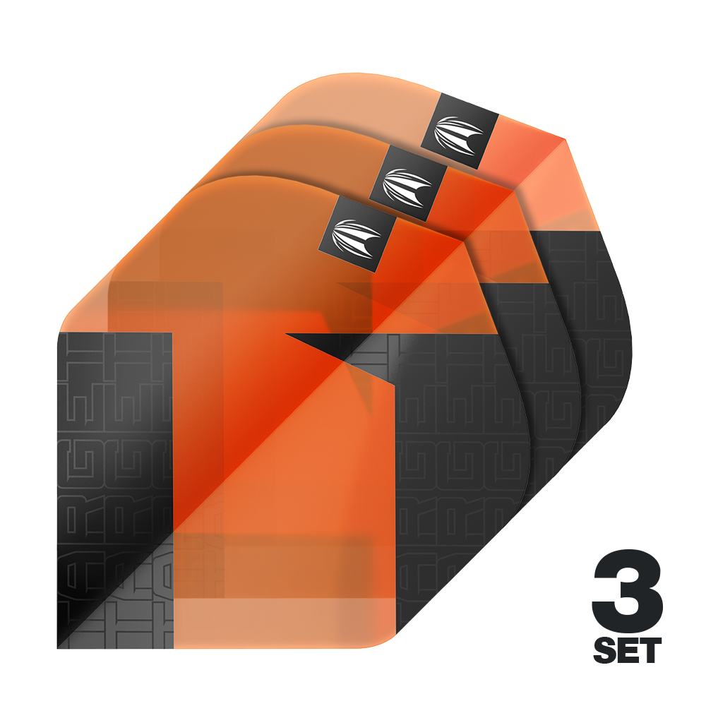 Das Bild zeigt drei orangefarbene Standard Flights für Darts mit schwarzem Muster. In der rechten unteren Ecke steht "3 SET".