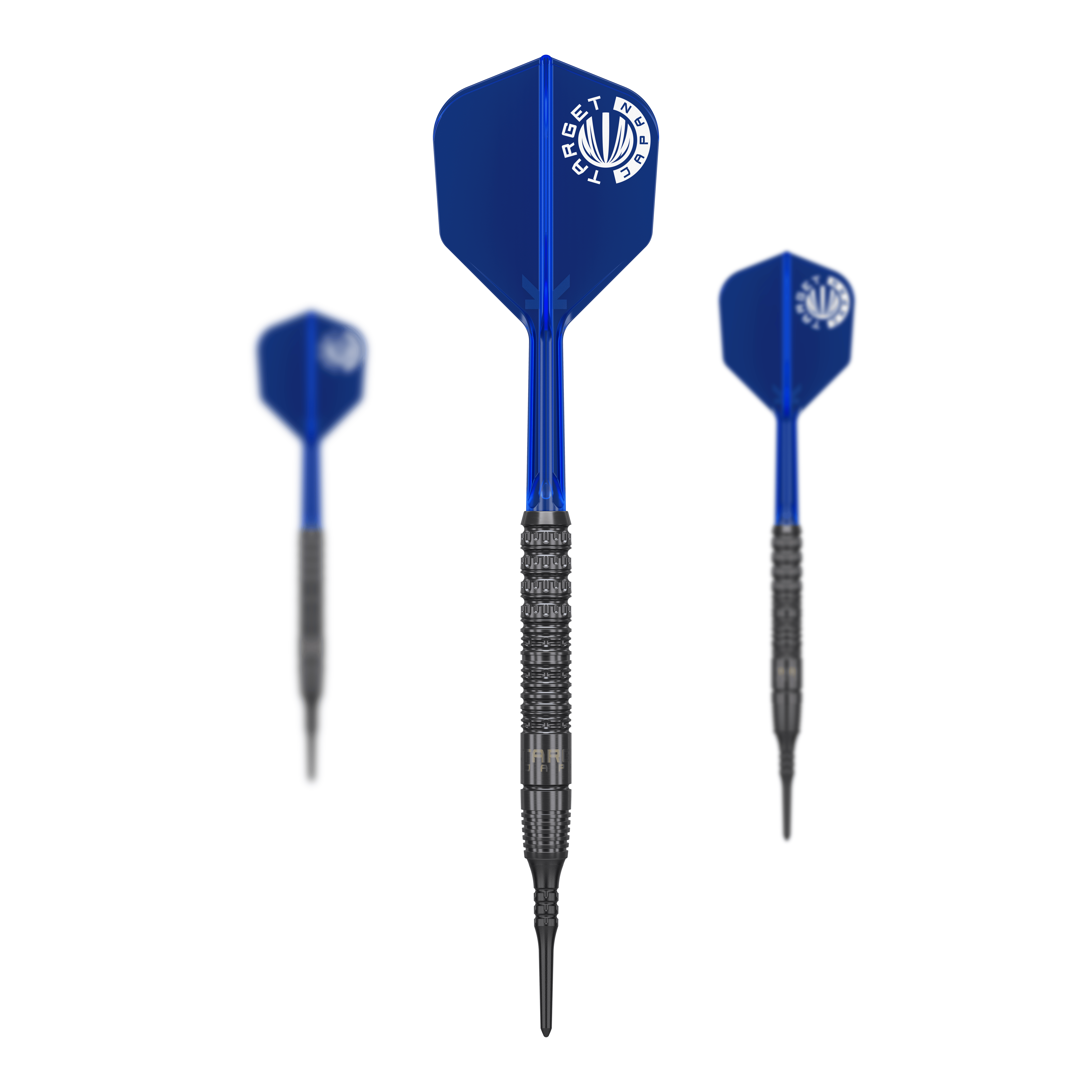 Auf dem Bild sind drei Softdarts mit blauen Flights und schwarzen Spitzen zu sehen. Die Darts tragen das Logo "Target" auf den Flights und sind das Modell "Sereno GEN1 Max" von Toru Suzuki.