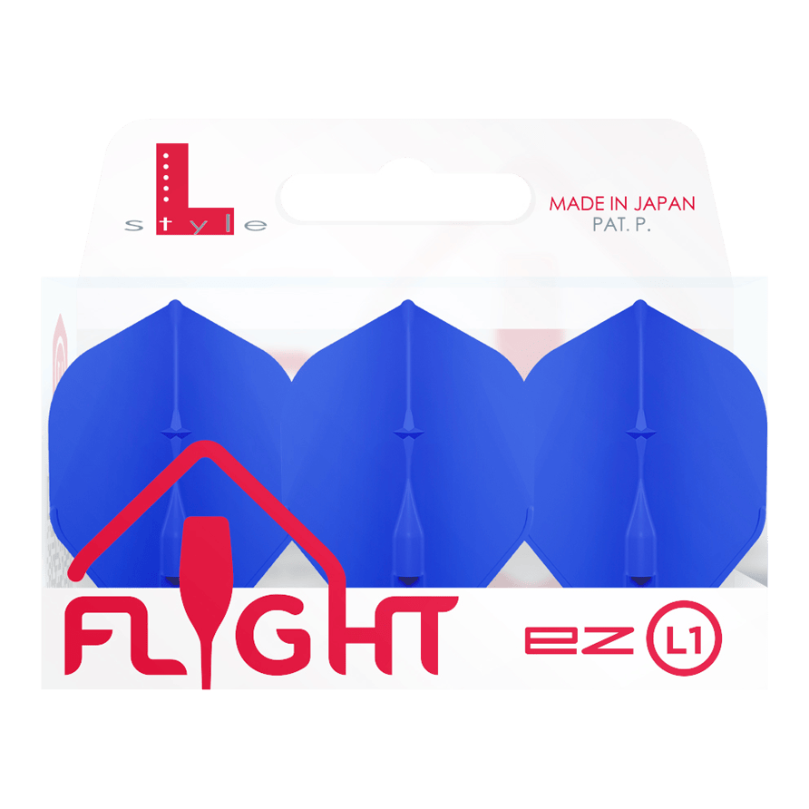 L-Style Champagne L1EZ Standard Flights Das Bild zeigt eine Verpackung mit drei blauen Dart-Flights der Marke "L-Style Champagne L1EZ Standard". Auf der Verpackung steht "Made in Japan" und die Marke ist deutlich sichtbar.