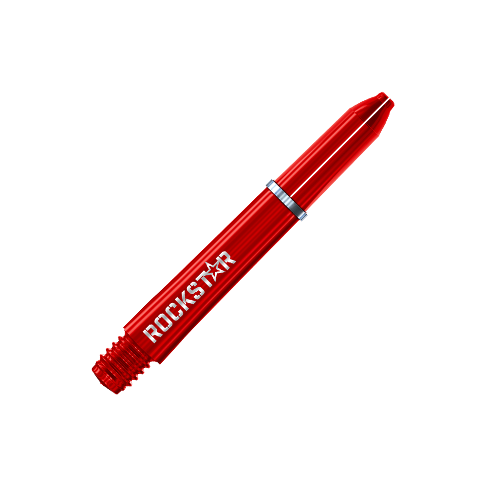 Winmau Joe Cullen Rockstar Nylon Shafts Das Bild zeigt einen roten Dart-Schaft mit der Aufschrift „ROCKSTAR“. Der Schaft hat eine glänzende Oberfläche und einen silbernen Ring in der Mitte.