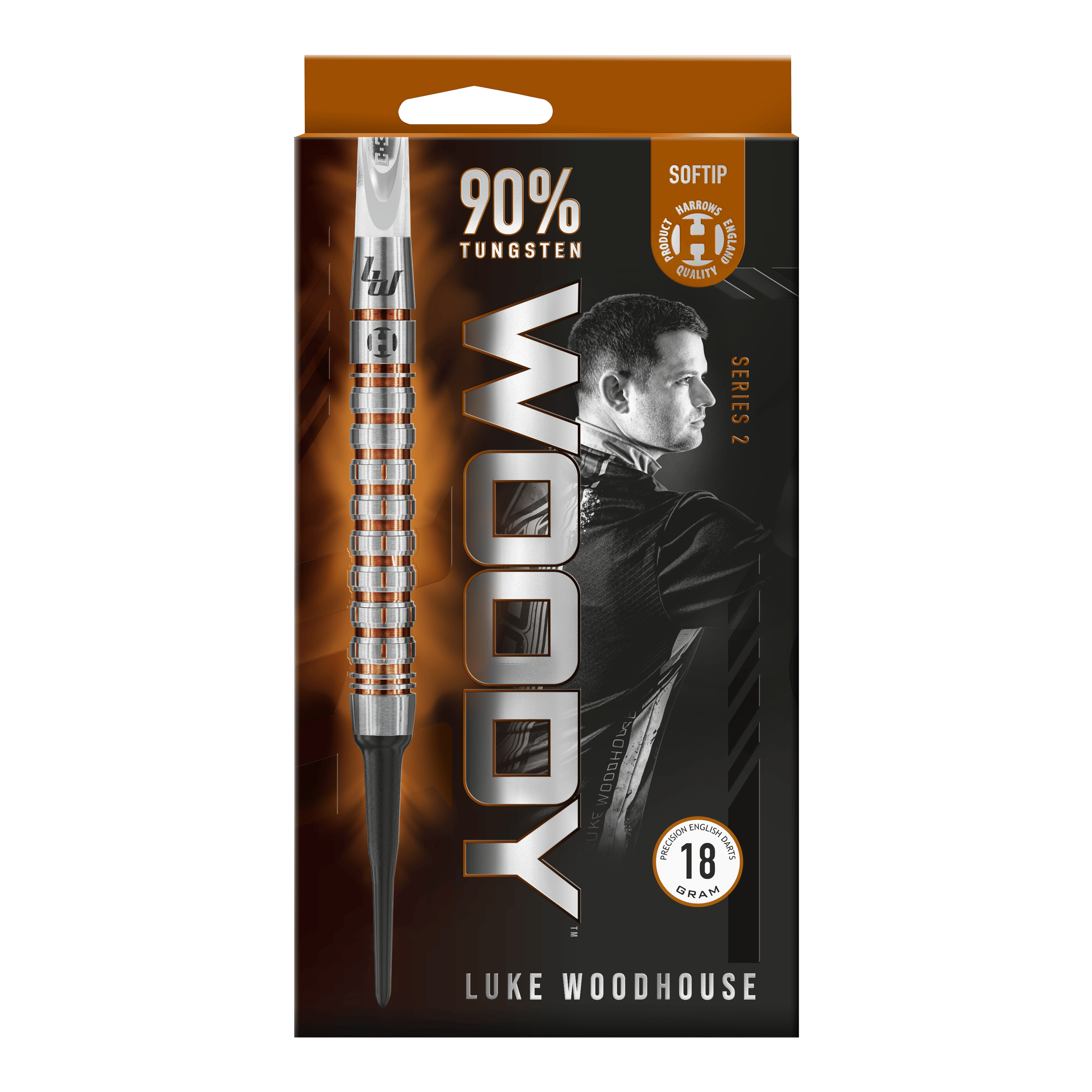 Harrows Luke Woodhouse Series 2 Softdarts - 18g Die Verpackung zeigt die Harrows Luke Woodhouse Series 2 Softdarts mit einem Gewicht von 18 Gramm. Auf der Vorderseite ist ein großes Bild eines Softdarts sowie das Porträt von Luke Woodhouse abgebildet.