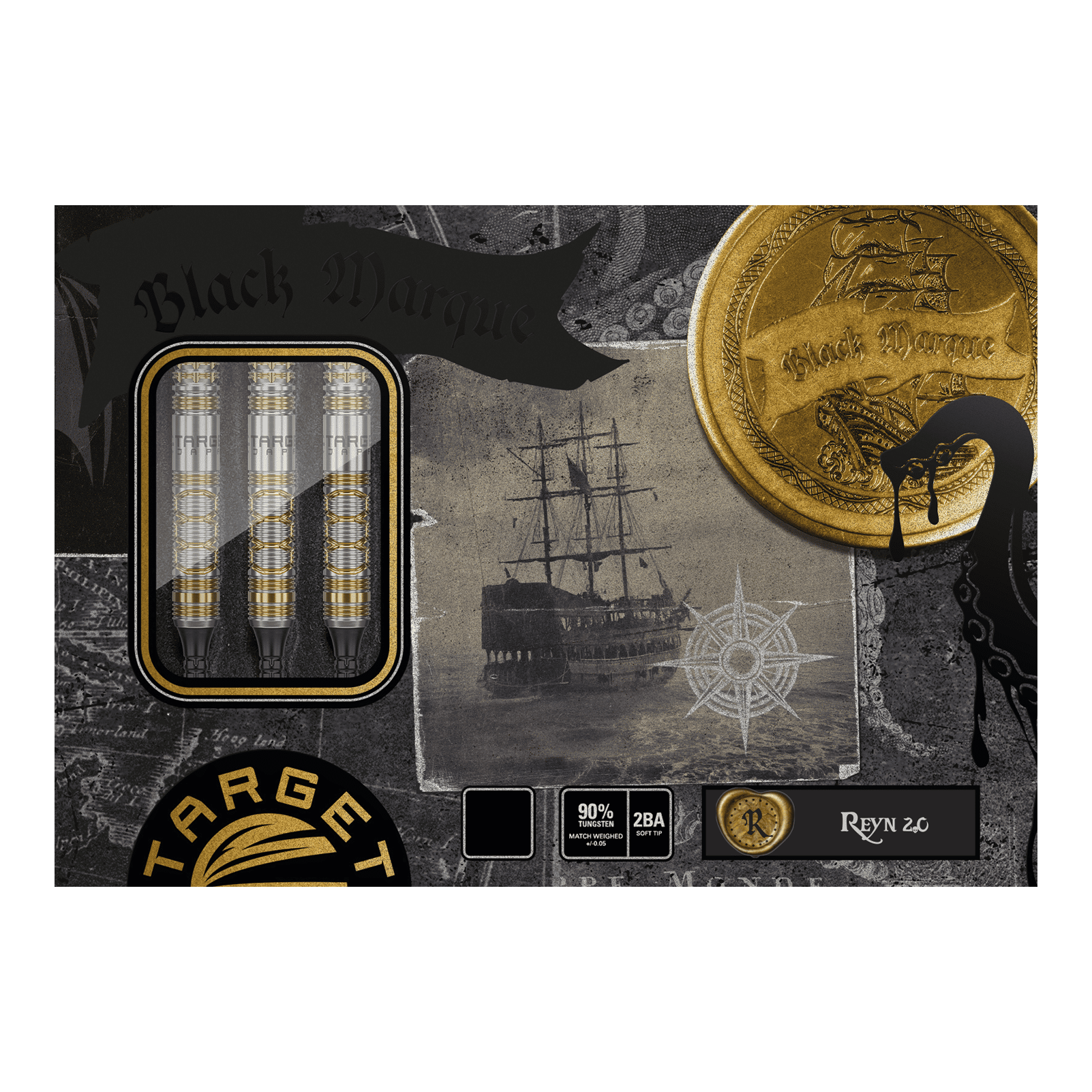 Das Bild zeigt die Verpackung der "Target Japan Black Marque Reyn GEN2 Softdarts - 17,5g". Auf der Schachtel sind drei Darts, ein Segelschiff und ein goldener Münz-Aufdruck zu sehen.