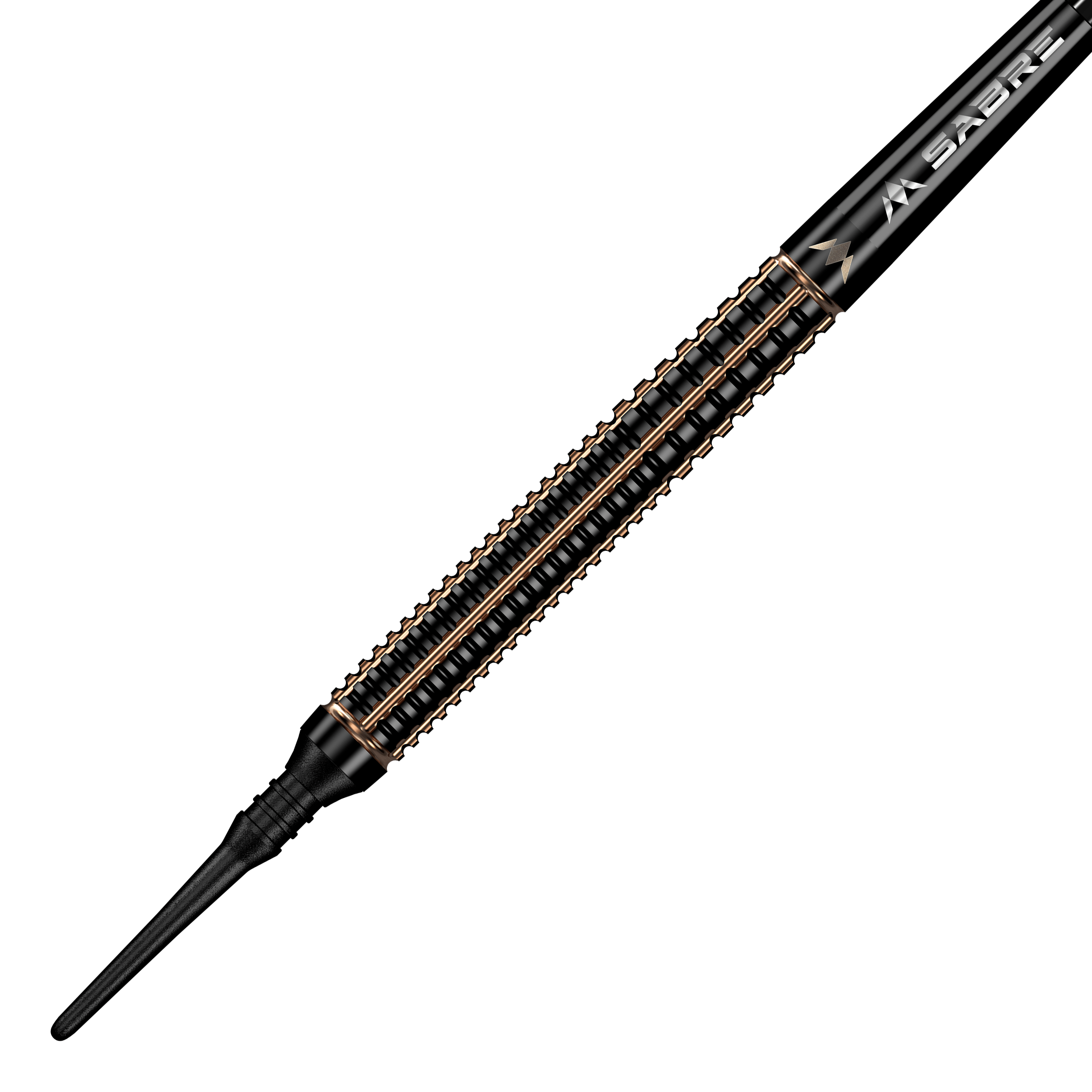 Das Bild zeigt einen Mission Scorpion Softdart mit einem Gewicht von 19 Gramm. Der Dart hat ein elegantes, schwarzes Design mit goldfarbenen Akzenten.