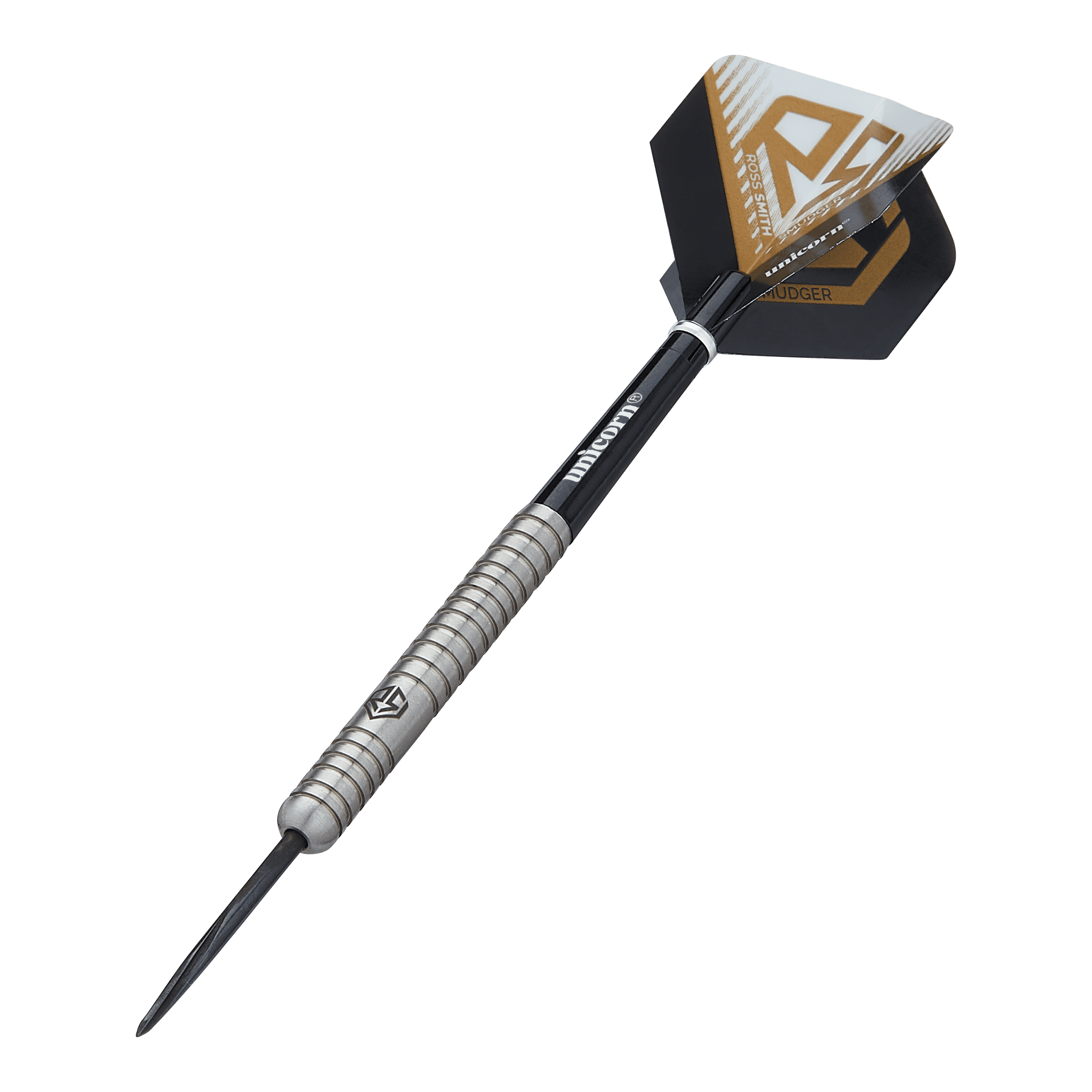 Auf dem Bild ist ein Steeldart namens "Unicorn Ross Smith Natural Steeldarts" zu sehen. Der Dart hat einen silbernen, gerillten Griff und schwarze Flights mit goldenen Akzenten.