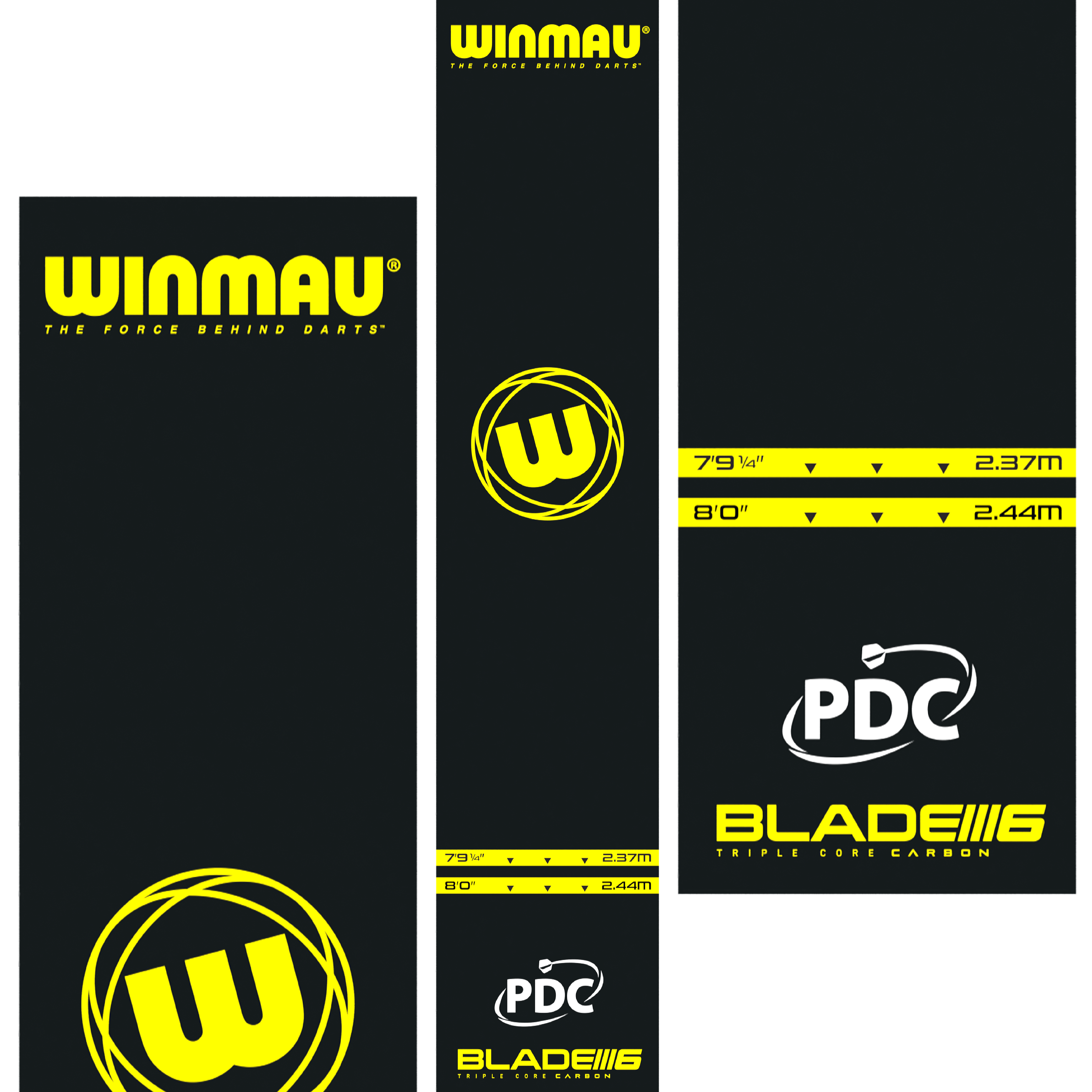Winmau Pro-Zone Essential PVC Dartmatte Das Bild zeigt die Winmau Pro-Zone Essential PVC Dartmatte mit auffälligen gelben Logos und Markierungen. Die Matte zeigt Abwurflinien in den Längen 2,37 m und 2,44 m sowie die Logos von Winmau, PDC und Blade 6.