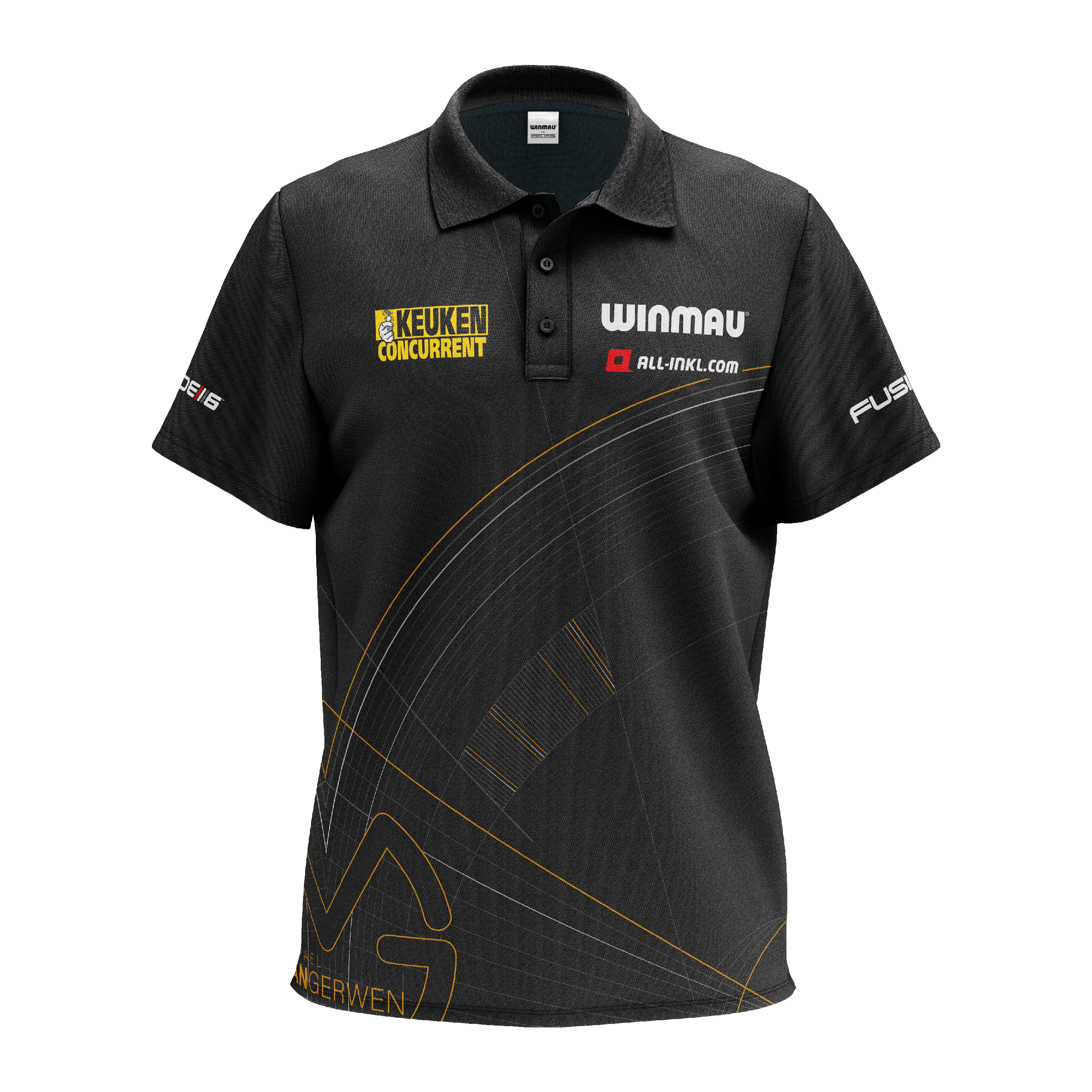 Das Bild zeigt ein schwarzes Polo-Dartshirt mit verschiedenen Logos und Sponsorenaufdrucken. Das Shirt ist das "Winmau Limited Edition Tour Polo Dartshirt".