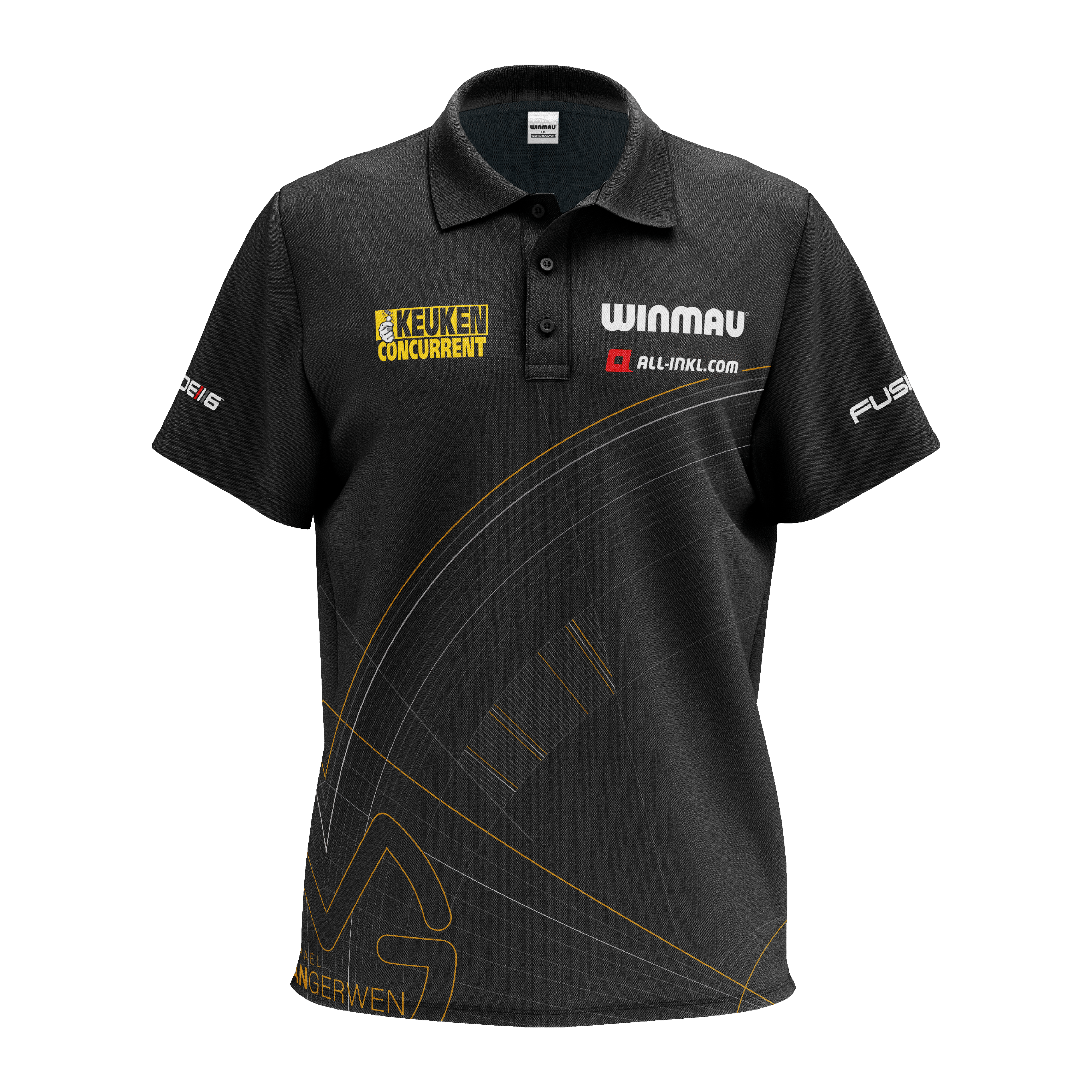 Winmau Limited Edition Tour Polo Dartshirt Das Bild zeigt ein schwarzes Polo-Dartshirt mit verschiedenen Logos und Sponsorenaufdrucken. Das Shirt ist das "Winmau Limited Edition Tour Polo Dartshirt".