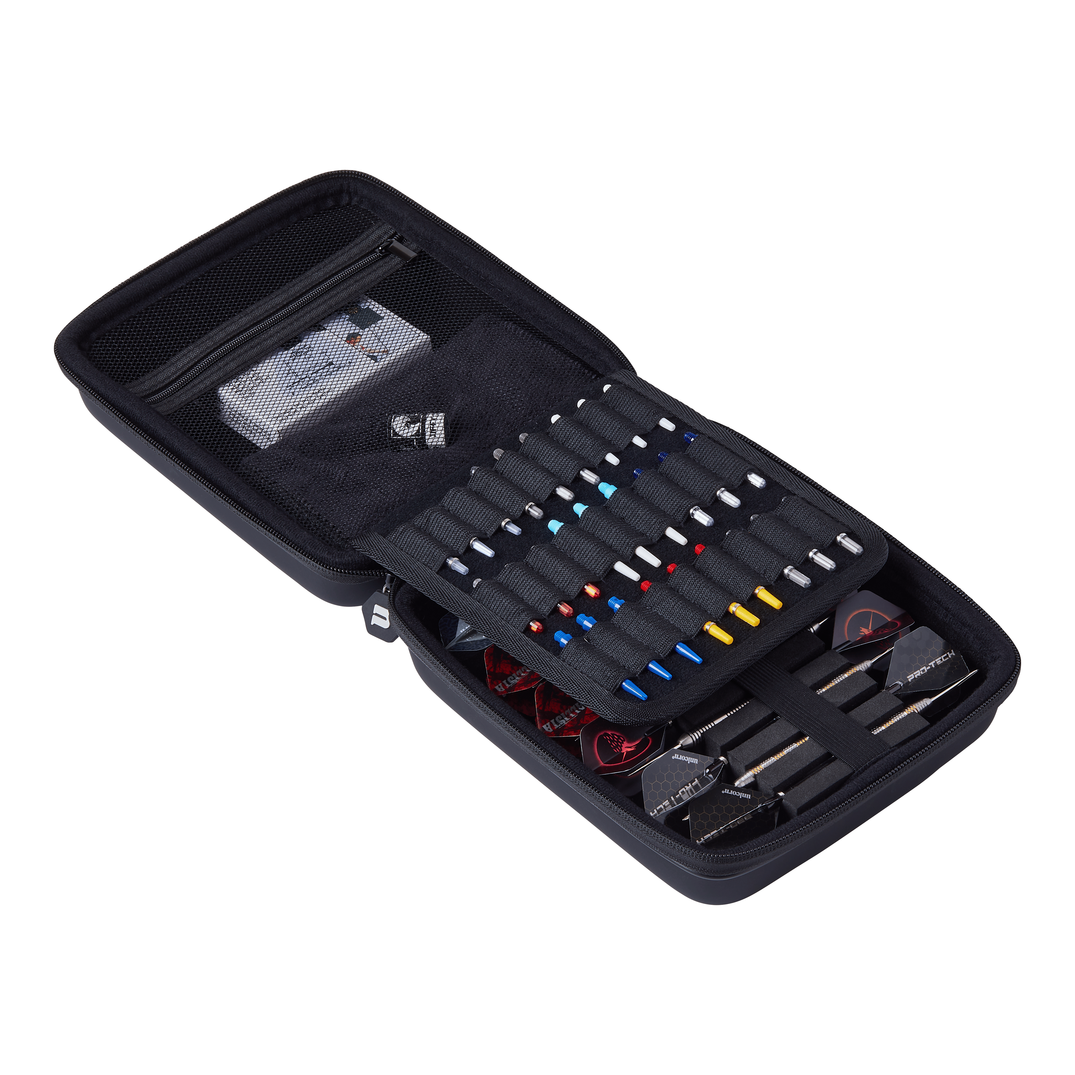 Unicorn Ultra 3UP Large Dartcase - Schwarz Das Bild zeigt ein offenes schwarzes Dartcase namens "Unicorn Ultra 3UP Large Dartcase". Im Inneren sind verschiedene Dartpfeile, Ersatzteile und Zubehör ordentlich sortiert.
