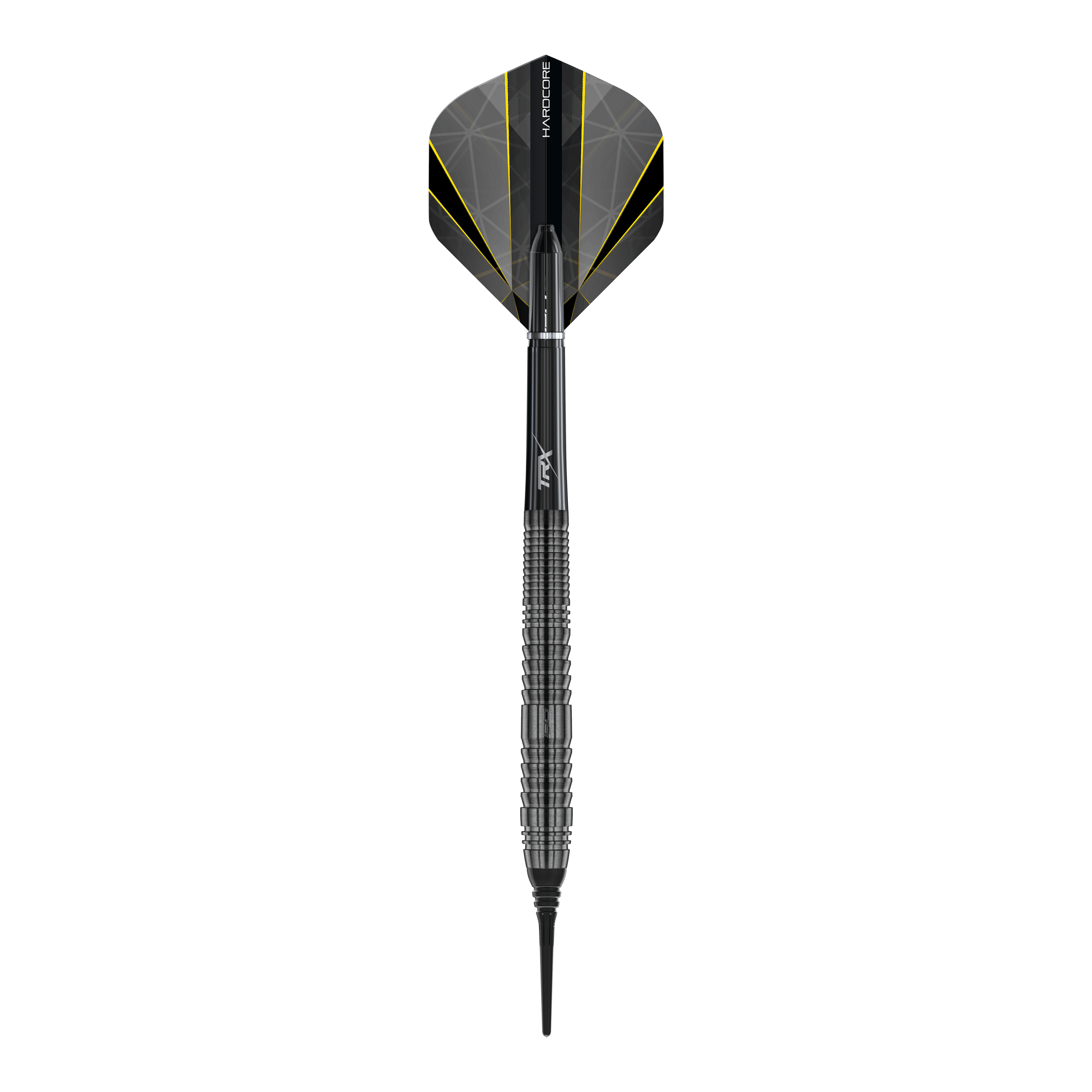 Dies ist ein Softdart namens "Red Dragon Seren 2 Onyx Softdarts - 20g". Er hat ein schwarzes Design mit gelben Akzentlinien und einer geriffelten Griffzone.