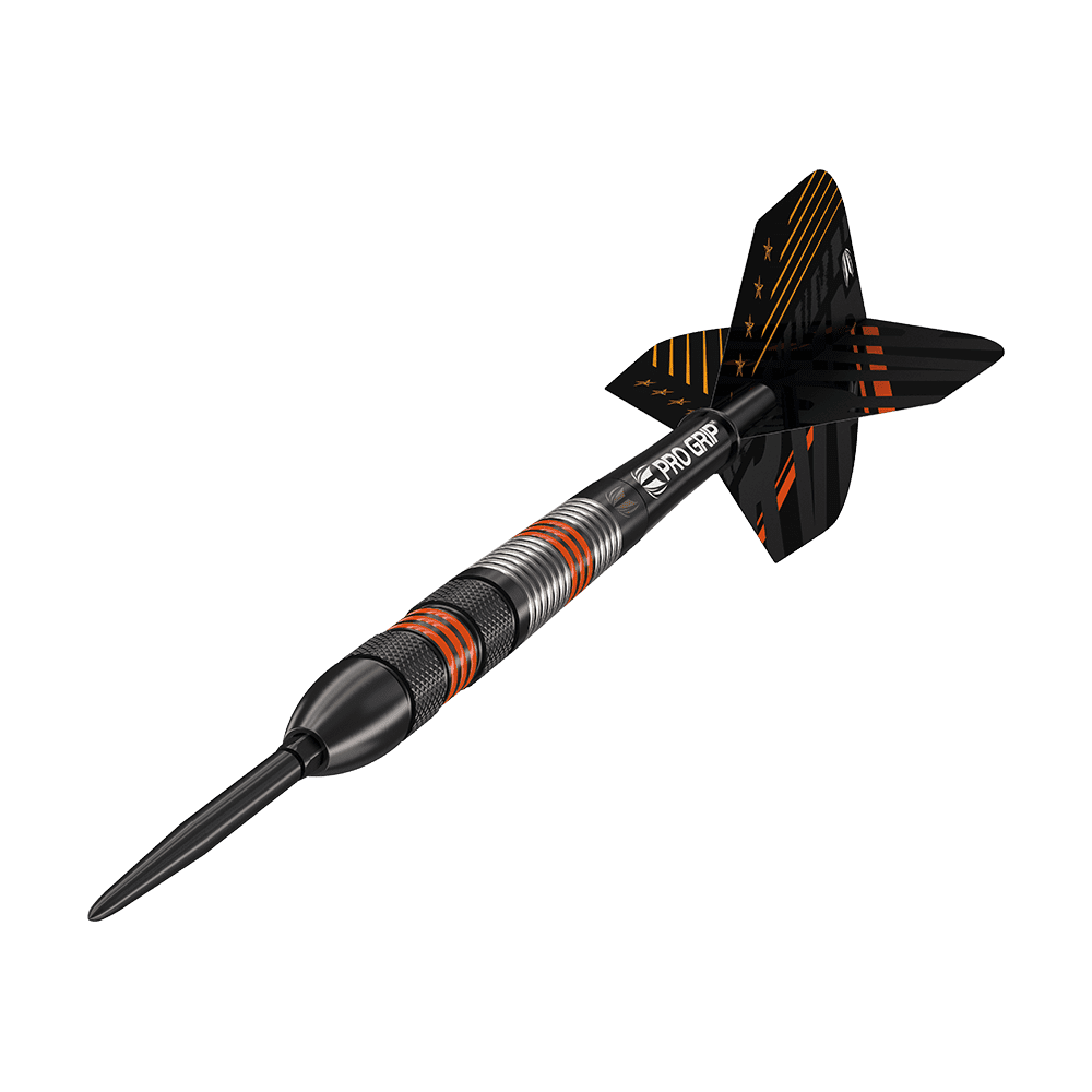 190212_Target_Raymond_Van_Barneveld_80_Black_Swiss_Point_Steeldarts_4 Dies ist ein schwarzer Steeldart mit roten und silbernen Ringen am Griff. Die Flight ist schwarz mit orangefarbenen Streifen und kleinen Sternen.