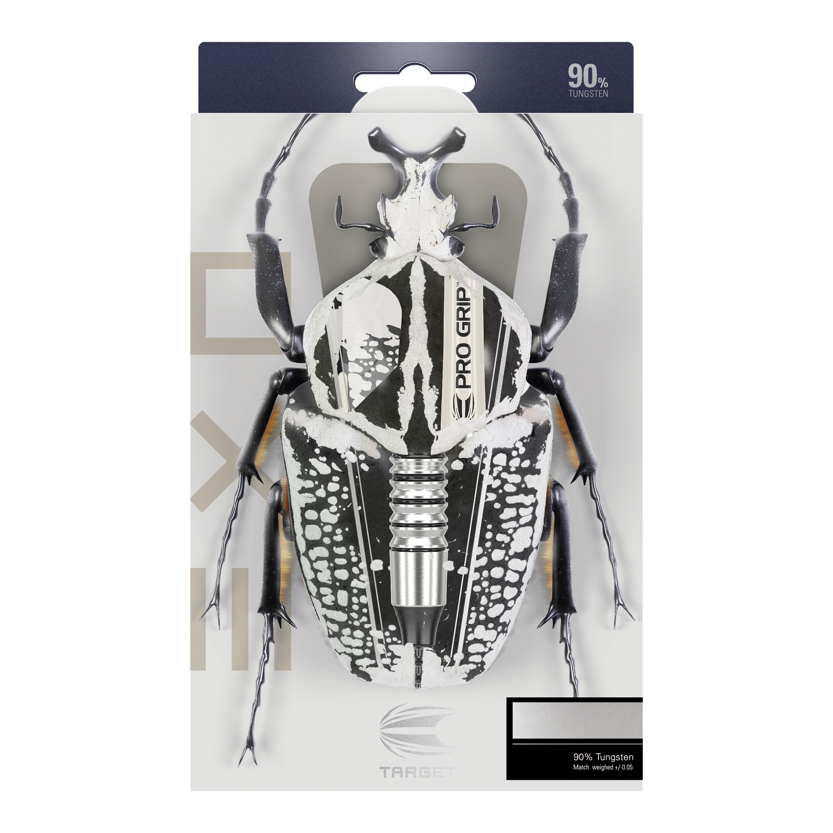 Target EXO 10 Softdarts Die Verpackung zeigt die Target EXO 10 Softdarts, bei denen ein Dartpfeil kreativ als Teil eines Käfers dargestellt ist. Oben steht, dass die Darts aus 90 % Tungsten bestehen.