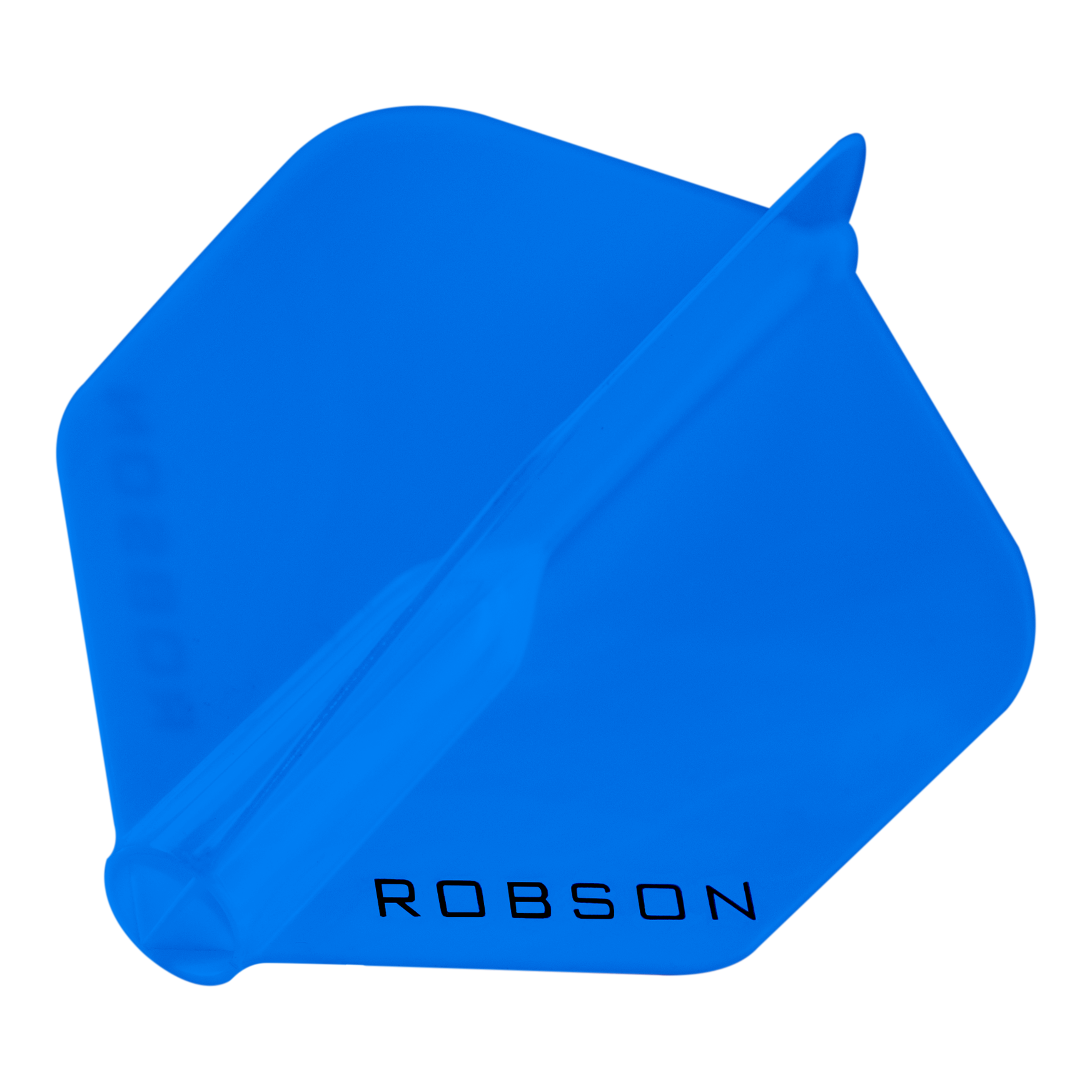Robson Plus Standard Flights Das Bild zeigt einen blauen Dartflight mit der Aufschrift "ROBSON". Der Flight hat eine standardmäßige sechseckige Form.