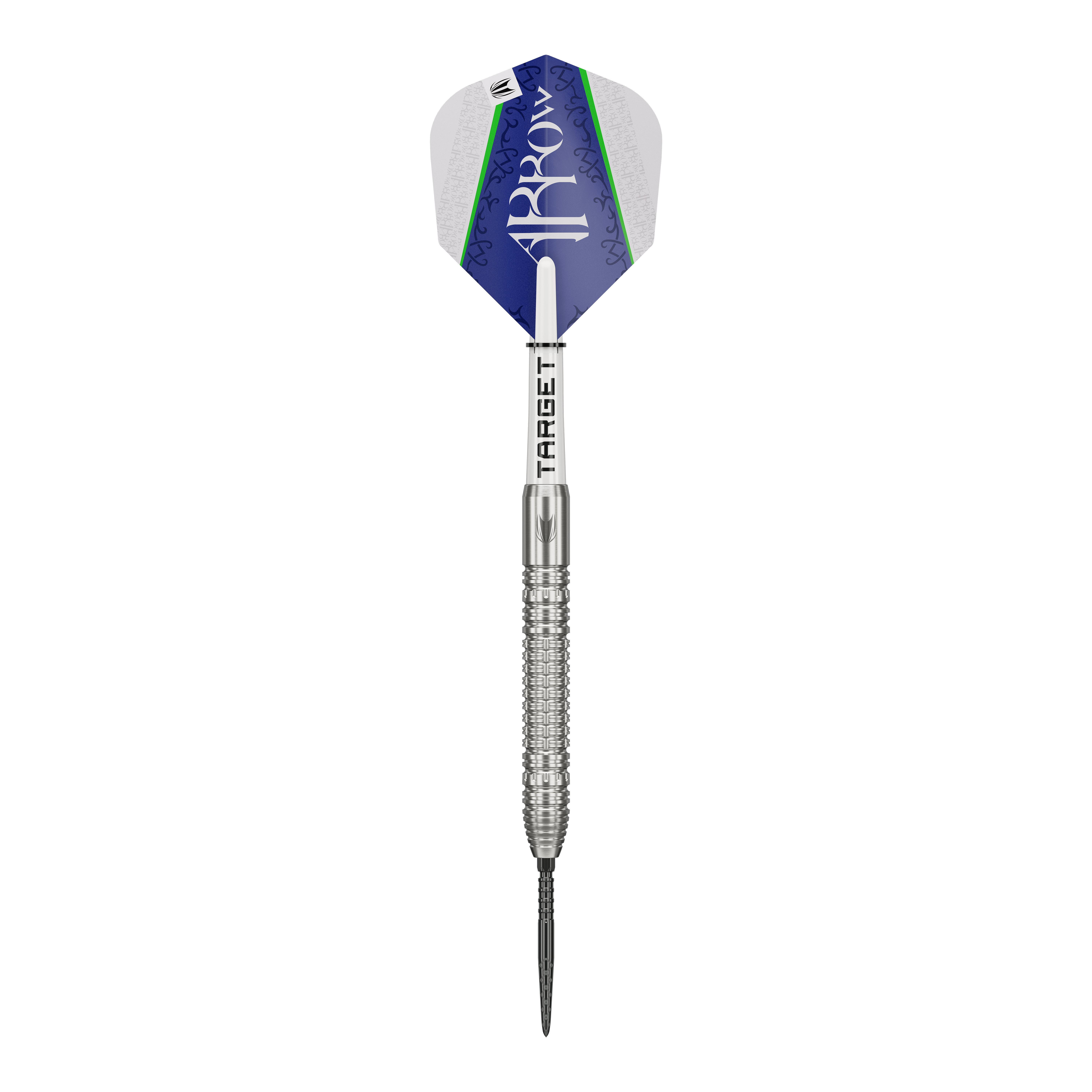 Target Shane McGuirk GEN1 Swiss Point Steeldarts - 23g Auf dem Bild ist der Target Shane McGuirk GEN1 Swiss Point Steeldart mit 23g zu sehen. Der Dartpfeil hat ein silbernes Griffstück und eine blau-weiße Flight mit grünem Akzent.