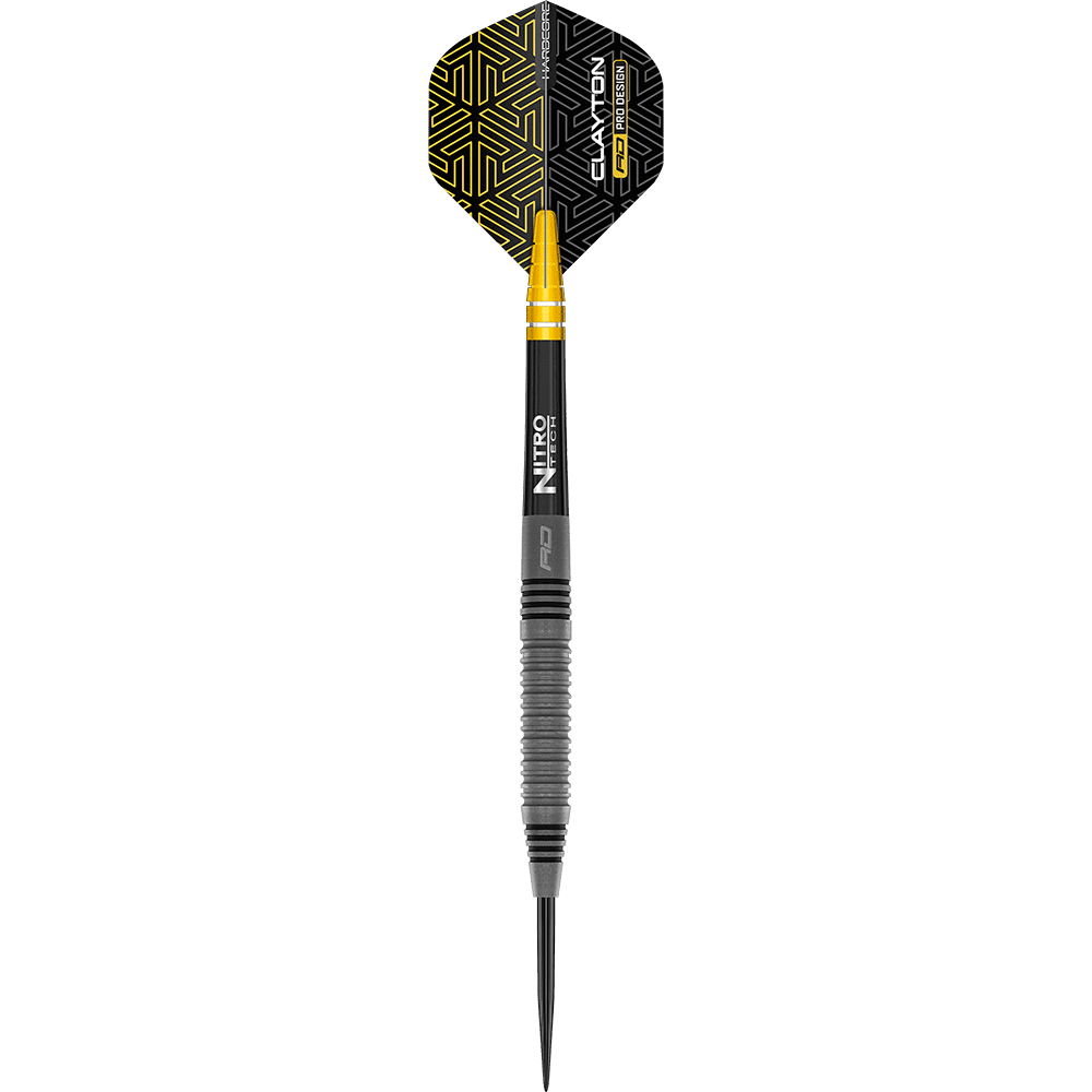 Das Bild zeigt einen modernen Steeldart mit einem schwarzen und gelben Flight. Der Schaft ist schwarz mit goldenen Akzenten und der Griffbereich hat ein gerilltes Muster für besseren Halt.