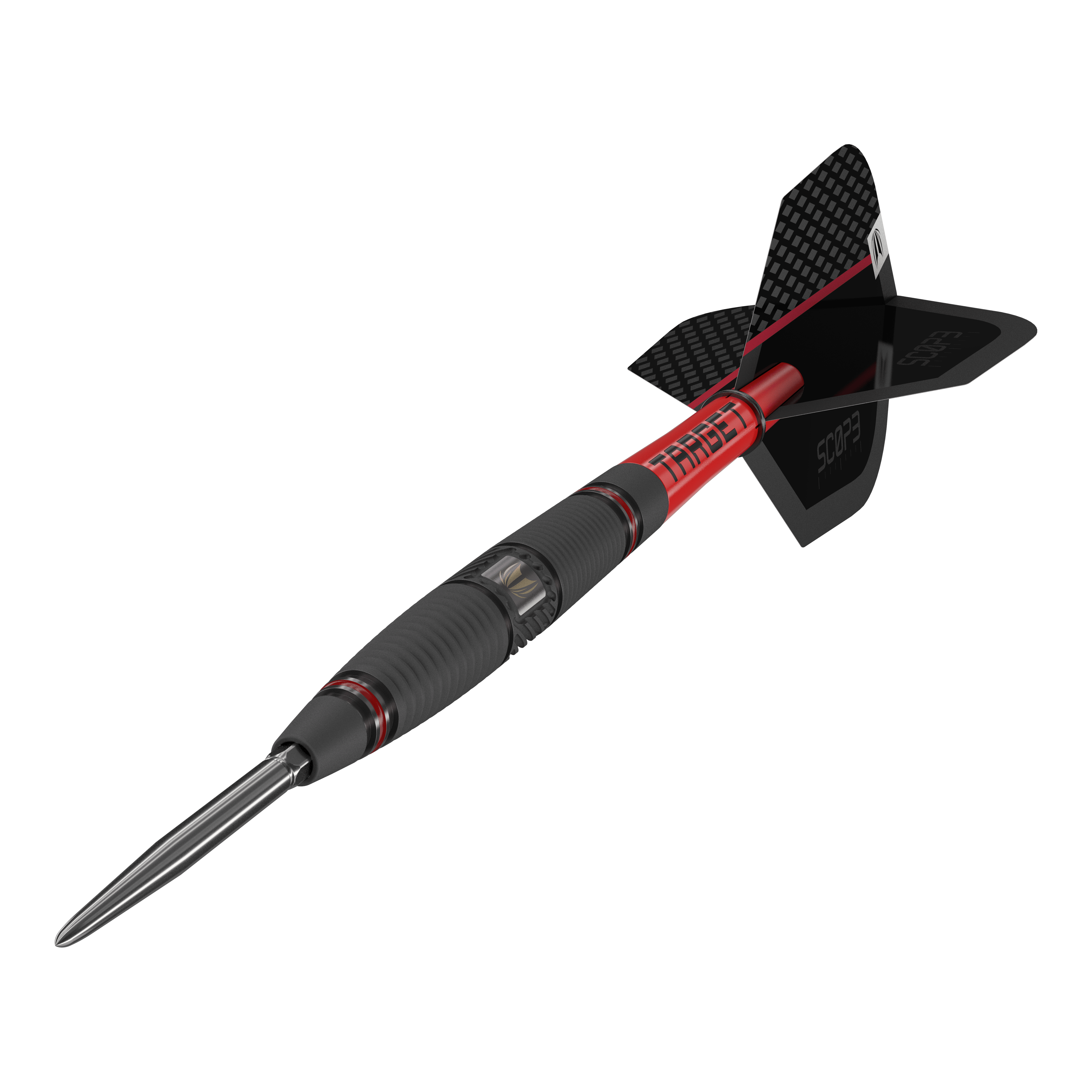 Target Scope 04 Swiss Point Steeldarts Das Bild zeigt den Target Scope 04 Swiss Point Steeldart. Der Dart hat ein schwarz-rotes Design mit geriffeltem Griff und einer metallischen Spitze.