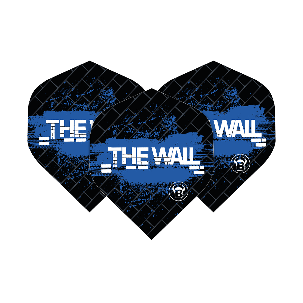 Bulls B-Star Martin Schindler Black Blue No2 Standard Flights Das Bild zeigt drei schwarze Dart-Flights mit blauen Akzenten und der Aufschrift „THE WALL“. Es handelt sich um die Bulls B-Star Martin Schindler Black Blue No2 Standard Flights.
