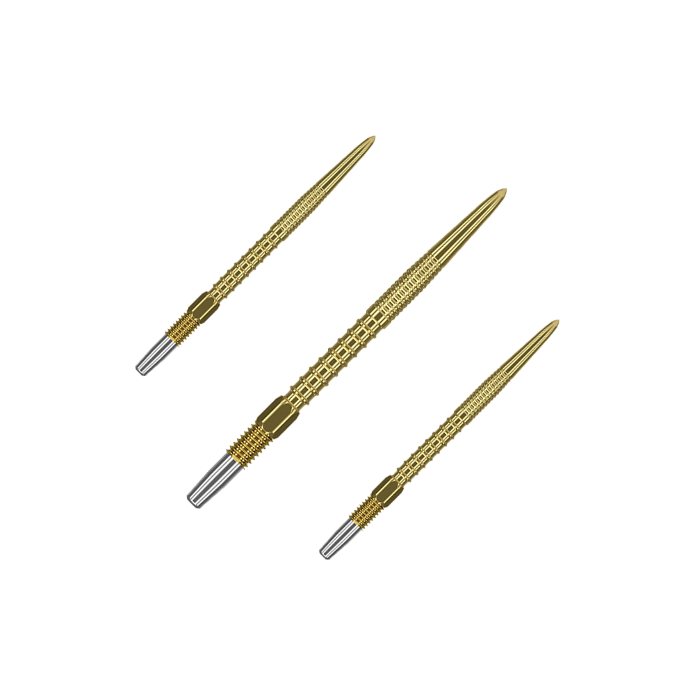 Target Swiss Firepoint Gold Dartspitzen Das Bild zeigt drei goldfarbene Dartspitzen mit silbernem Gewinde am Ende. Sie sind schlank und haben eine strukturierte Oberfläche für besseren Halt.