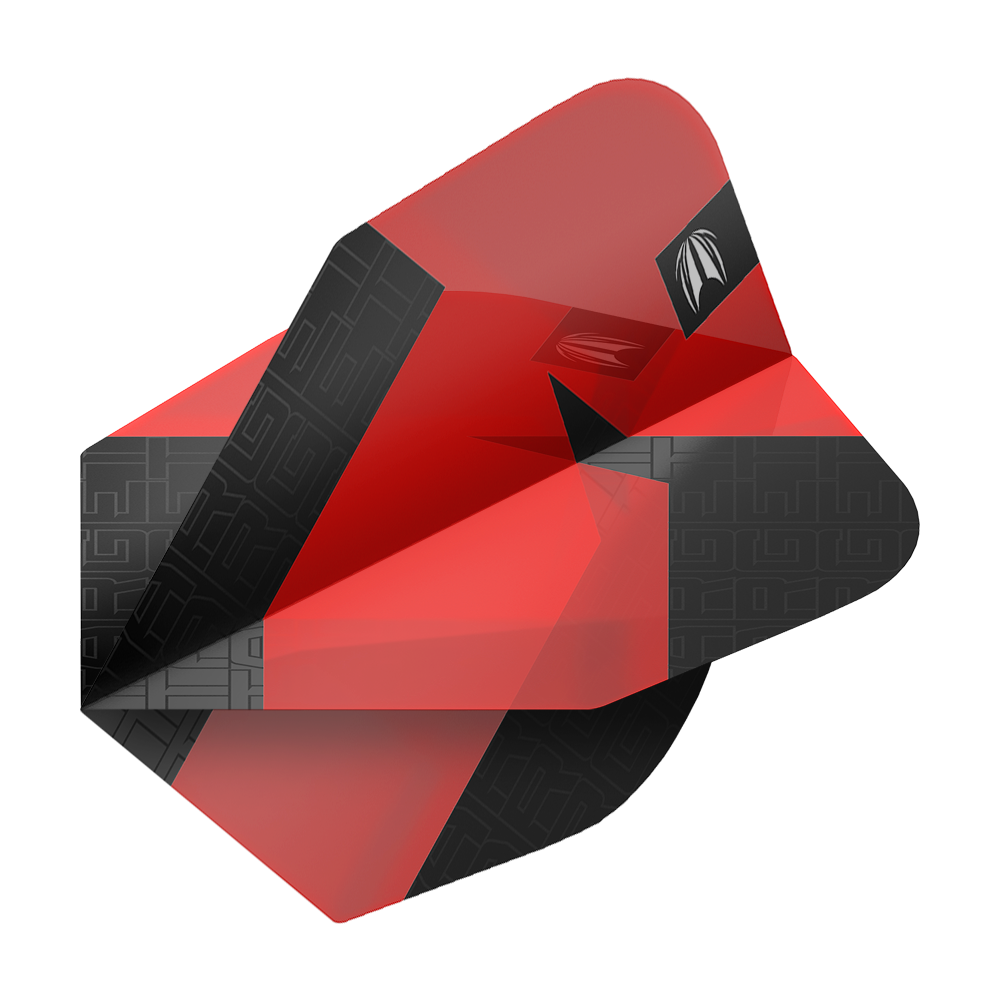 Das Bild zeigt ein rotes Dart-Flight mit schwarzen Mustern und einem kleinen weißen Logo. Es handelt sich um das Produkt "Target Pro Ultra TAG Rot No6 Standard Flights - 3 Sets".
