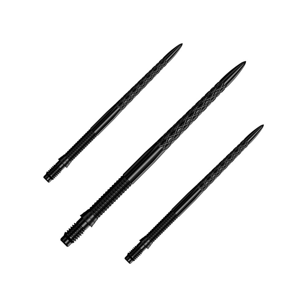 Mission R2.5 Rapid Point DSX Dartspitzen - Schwarz Ein Set schwarzer Dartspitzen ist zu sehen. Die Dartspitzen sind Mission R25 Rapid Point DSX mit einer Länge von 40mm.