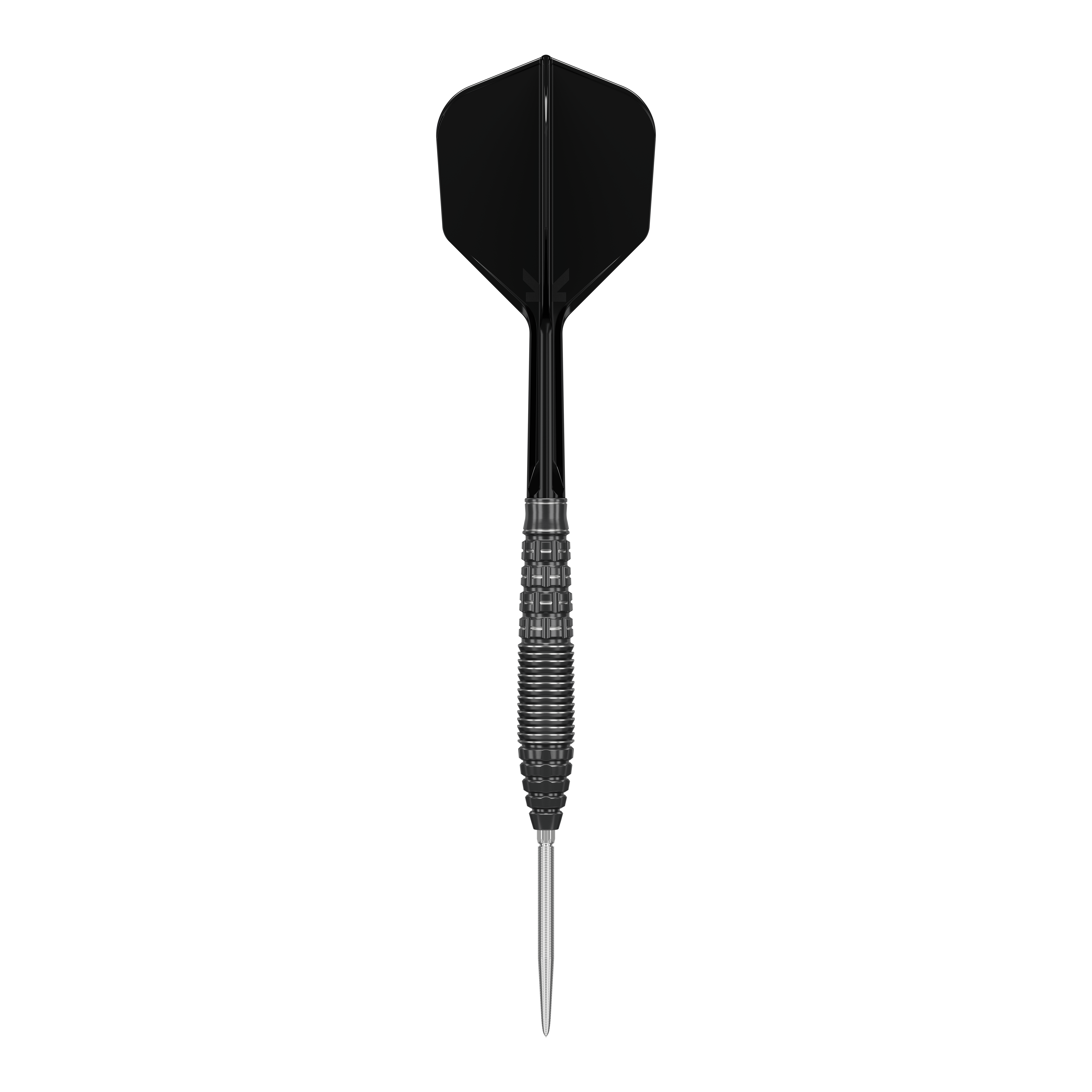 Das Bild zeigt einen eleganten, schwarz-silbernen Steeldartpfeil mit metallischer Spitze. Es handelt sich um das Modell "Target Japan Black Marque Phantom Swiss Point Steeldarts".