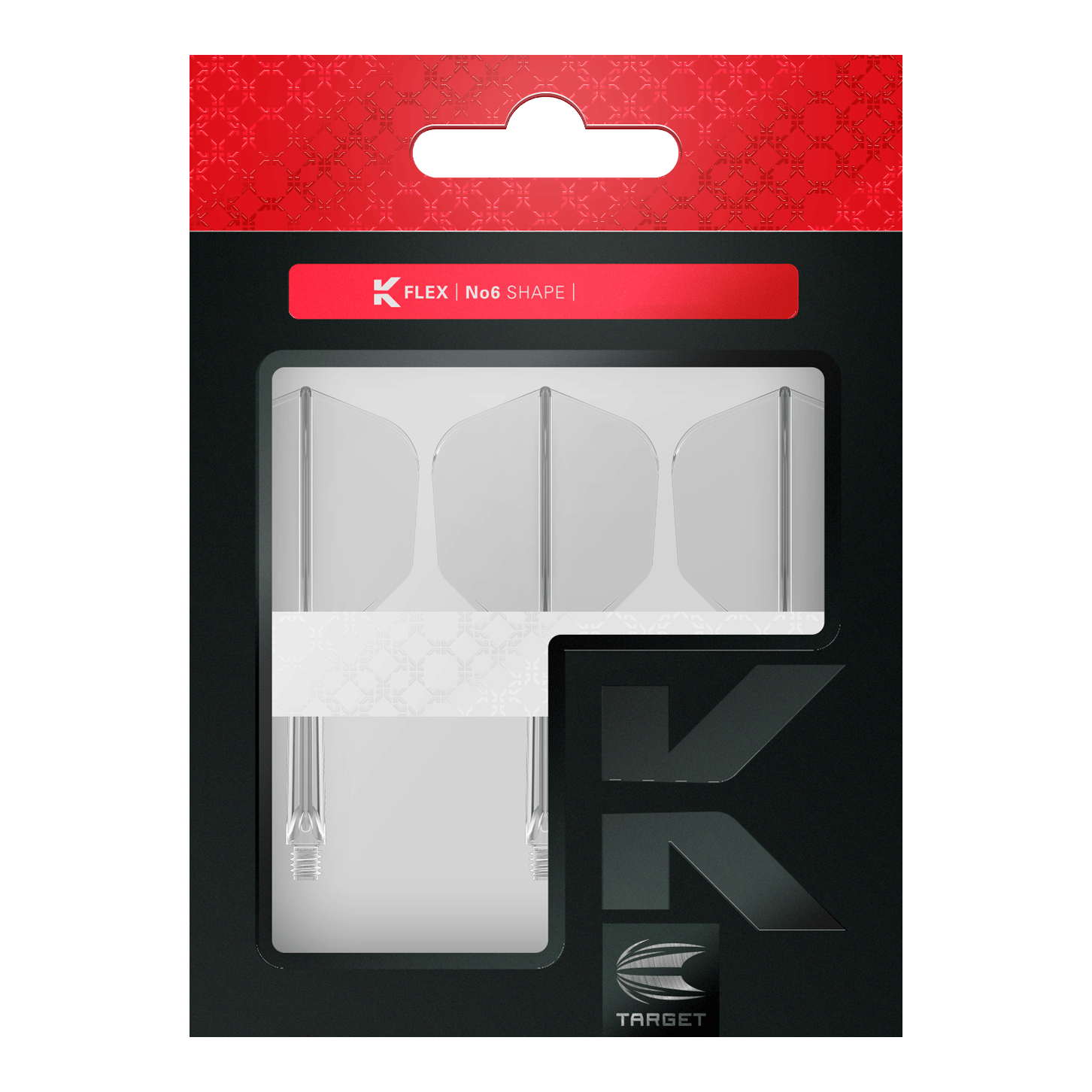 Target K-Flex No6 Flight-System - Clear Auf dem Bild ist eine Verpackung mit drei klaren Dartflights und Schäften der Marke Target zu sehen. Die Verpackung ist schwarz und rot gestaltet und trägt die Aufschrift "K FLEX | No6 SHAPE".