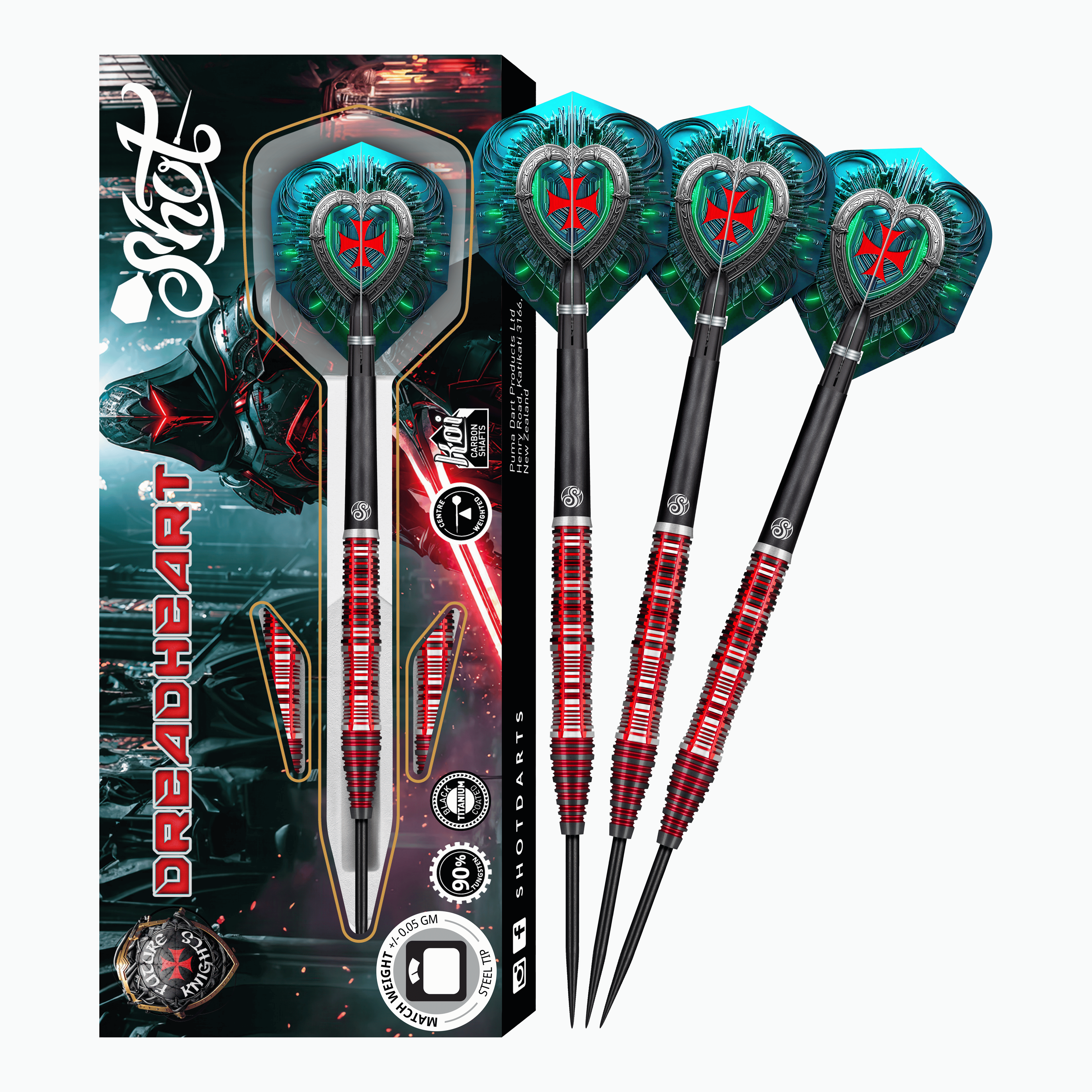 Das Bild zeigt das Produkt "Shot Future Knights Dreadheart Steeldarts" mit einer auffälligen Verpackung und drei Dartpfeilen. Die Dartpfeile haben rote und silberne Griffe sowie blaue Flights mit einem roten Wappen.