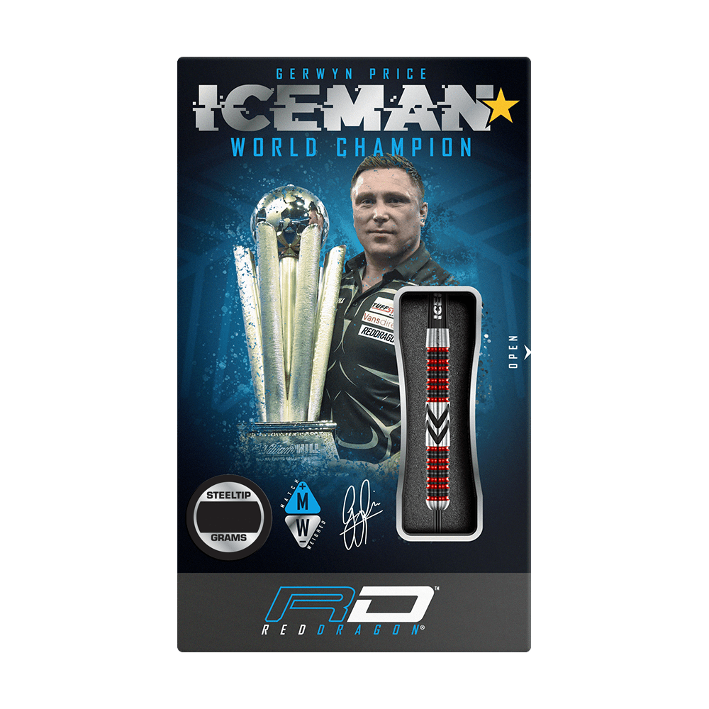Das Bild zeigt die Verpackung der "Red Dragon Gerwyn Price Firebird Steeldarts". Auf der Verpackung sind ein Dartpfeil, ein Pokal und ein Porträt von Gerwyn Price abgebildet.
