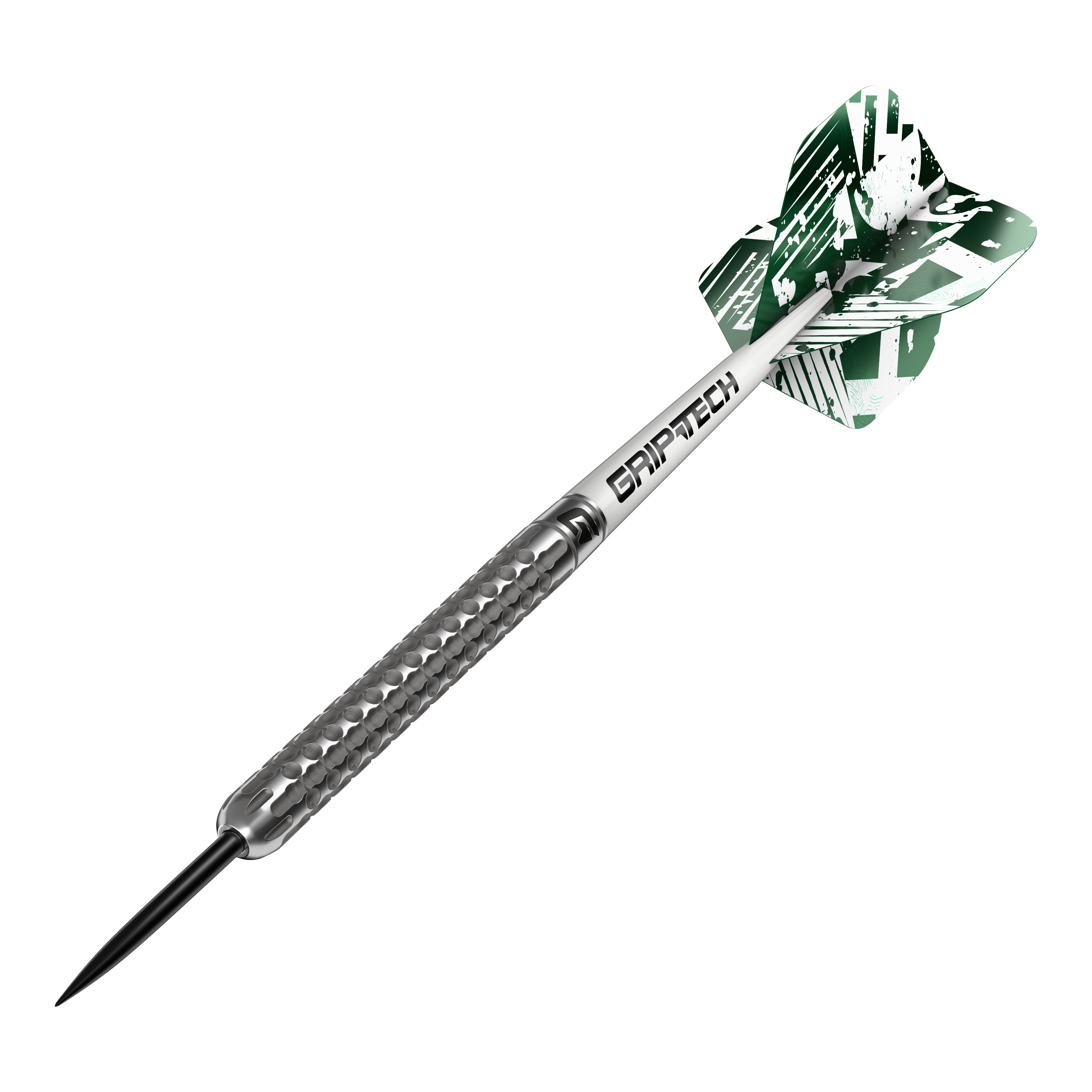 GOAT Fairway V1 Tungsten Steeldarts Das Bild zeigt einen GOAT Fairway V1 Tungsten-Steeldart mit silbernem, strukturiertem Griff. Am hinteren Ende befindet sich ein grüner Flight mit weißem Muster und der Aufschrift "GRIPTECH".