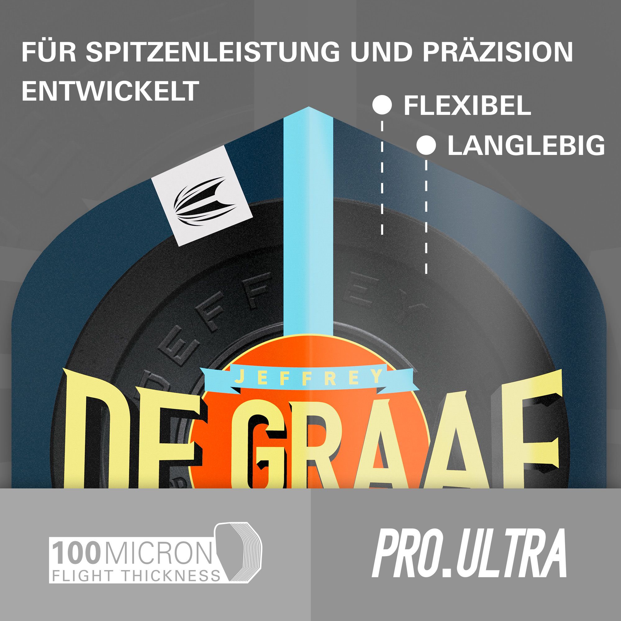 Target Pro Ultra Jeffrey De Graaf GEN1 No2 Standard Flights - 3 Sets Das Bild zeigt die Target Pro Ultra Jeffrey De Graaf GEN1 No2 Standard Flights in drei Sets. Die Flights sind flexibel, langlebig und haben eine Stärke von 100 Mikron.