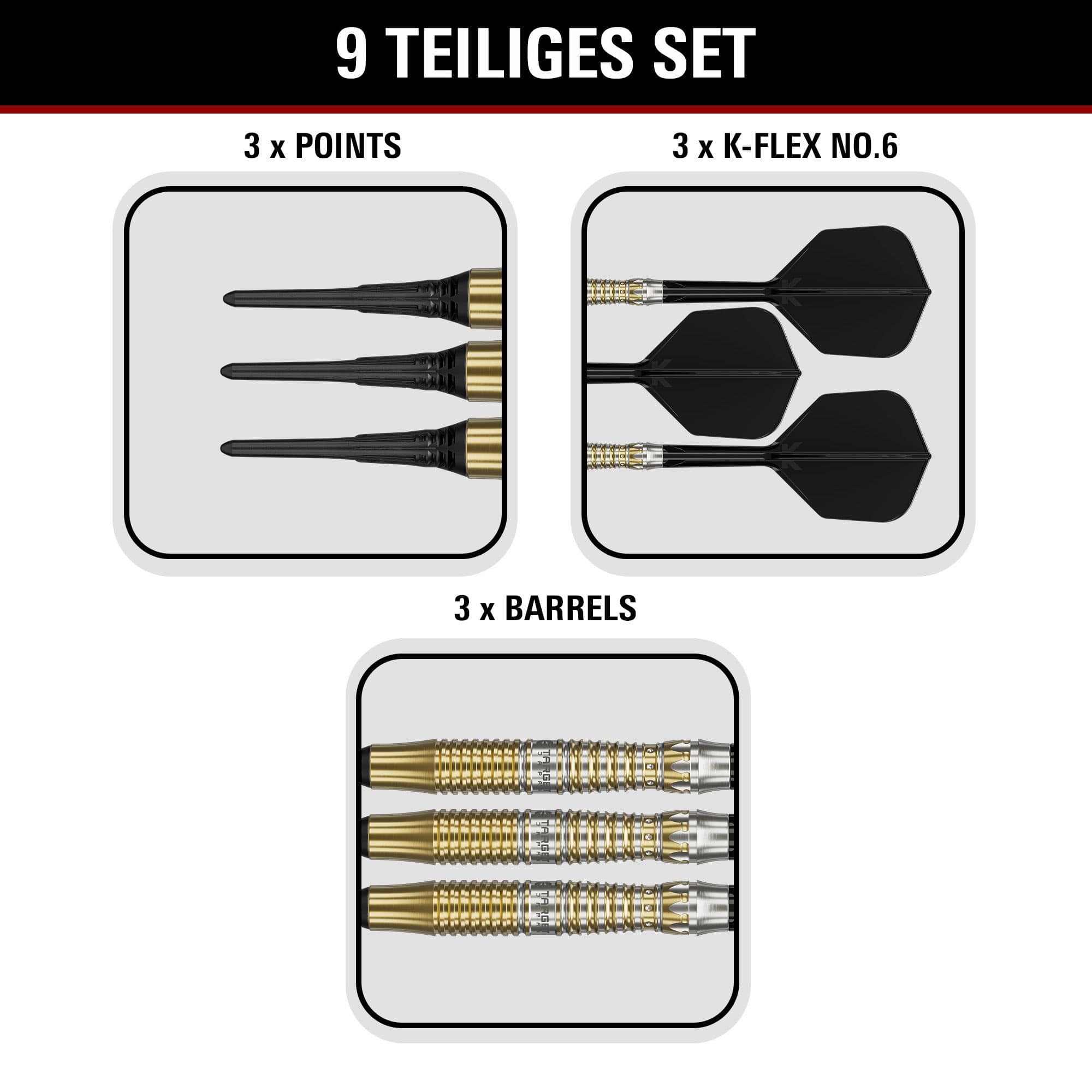 Target Black Marque Enzo Softdarts - 18g Auf dem Bild befinden sich die Target Black Marque Enzo Softdarts mit 18g Gewicht. Die Softdarts sind für ihre gute Balance und Verarbeitung bekannt.