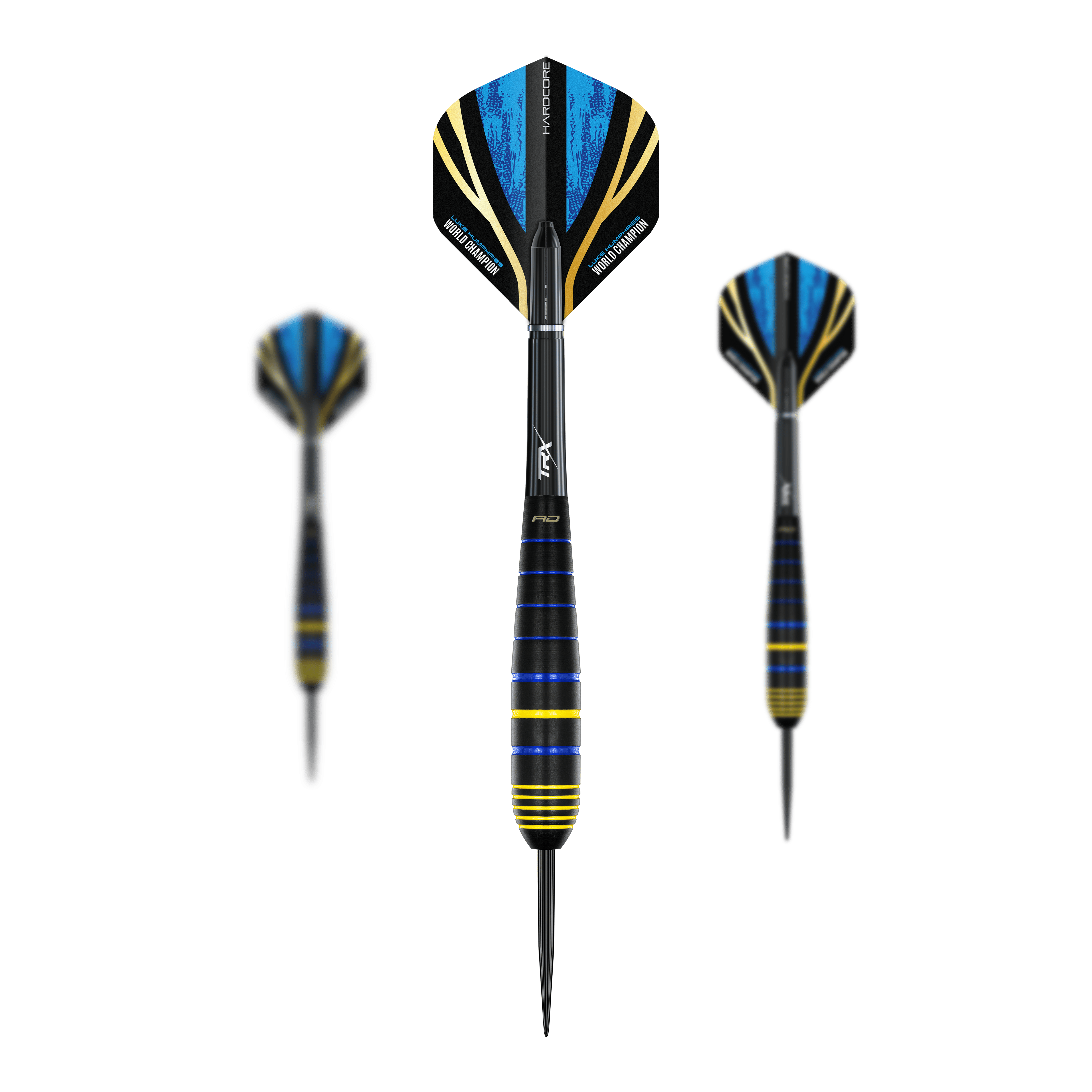 Das Bild zeigt drei Luke Humphries World Champion Brass Steeldarts von Red Dragon. Die Darts haben schwarze, blaue und gelbe Akzente sowie auffällige Flights mit blauem Muster.
